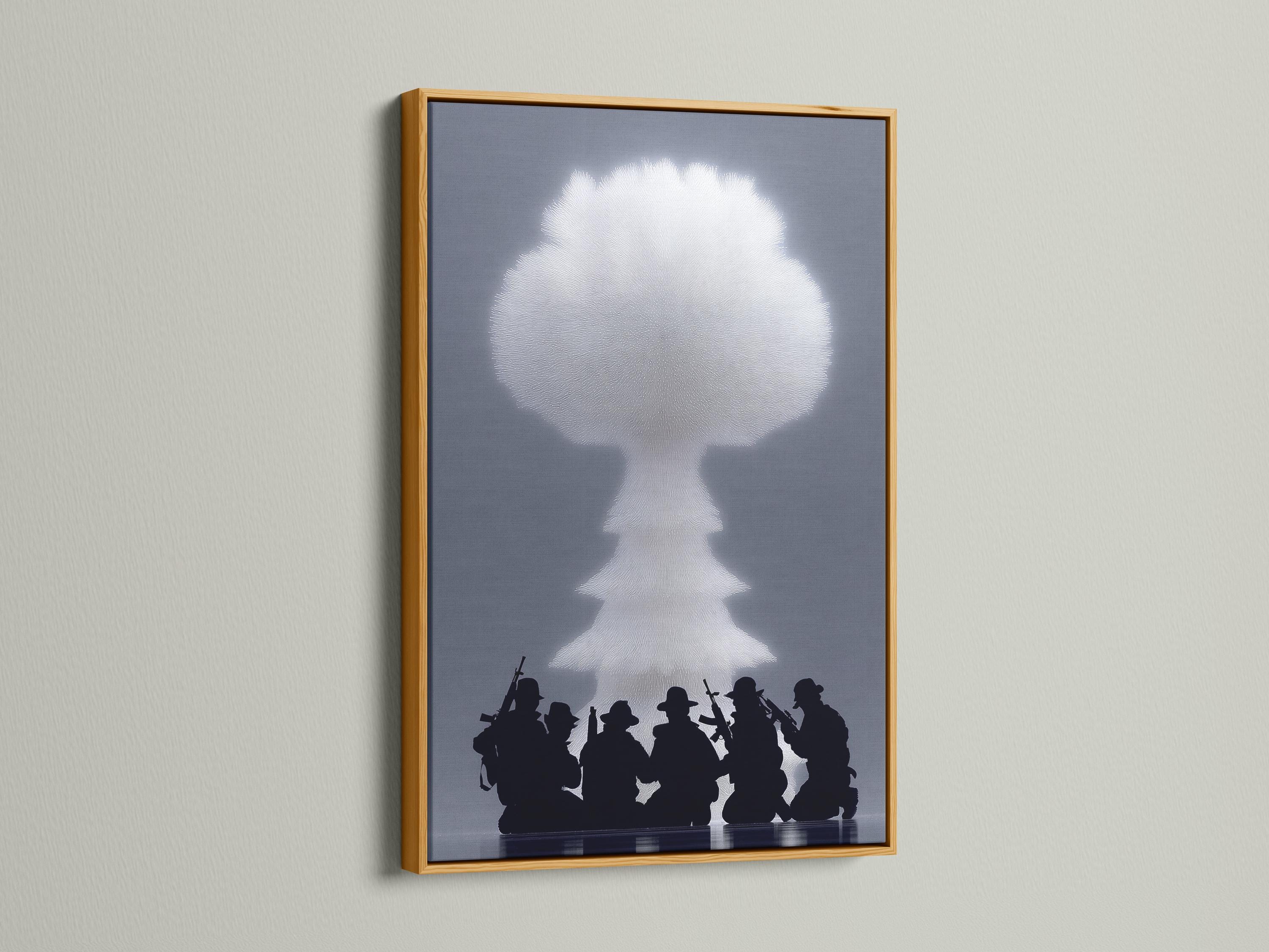 White soldier silhouette with radiating texture above dark marching soldier silhouettes detail view