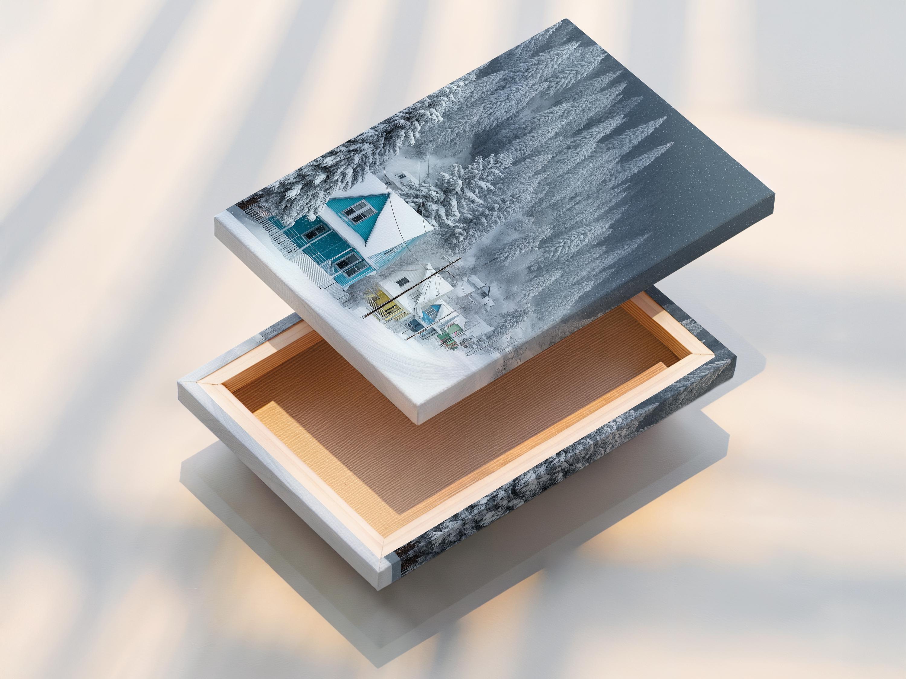 Snowy winter village with pine trees and teal-roof houses in falling snow detail view