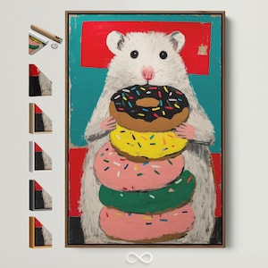 May include: A framed art print featuring a white hamster holding a stack of colorful donuts. The donuts are chocolate, yellow, pink, and green, with sprinkles. The background is a mix of red and teal.