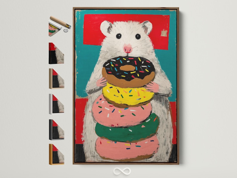 Playful hamster holding a doughnut stack with colourful sprinkles against a red and teal background
