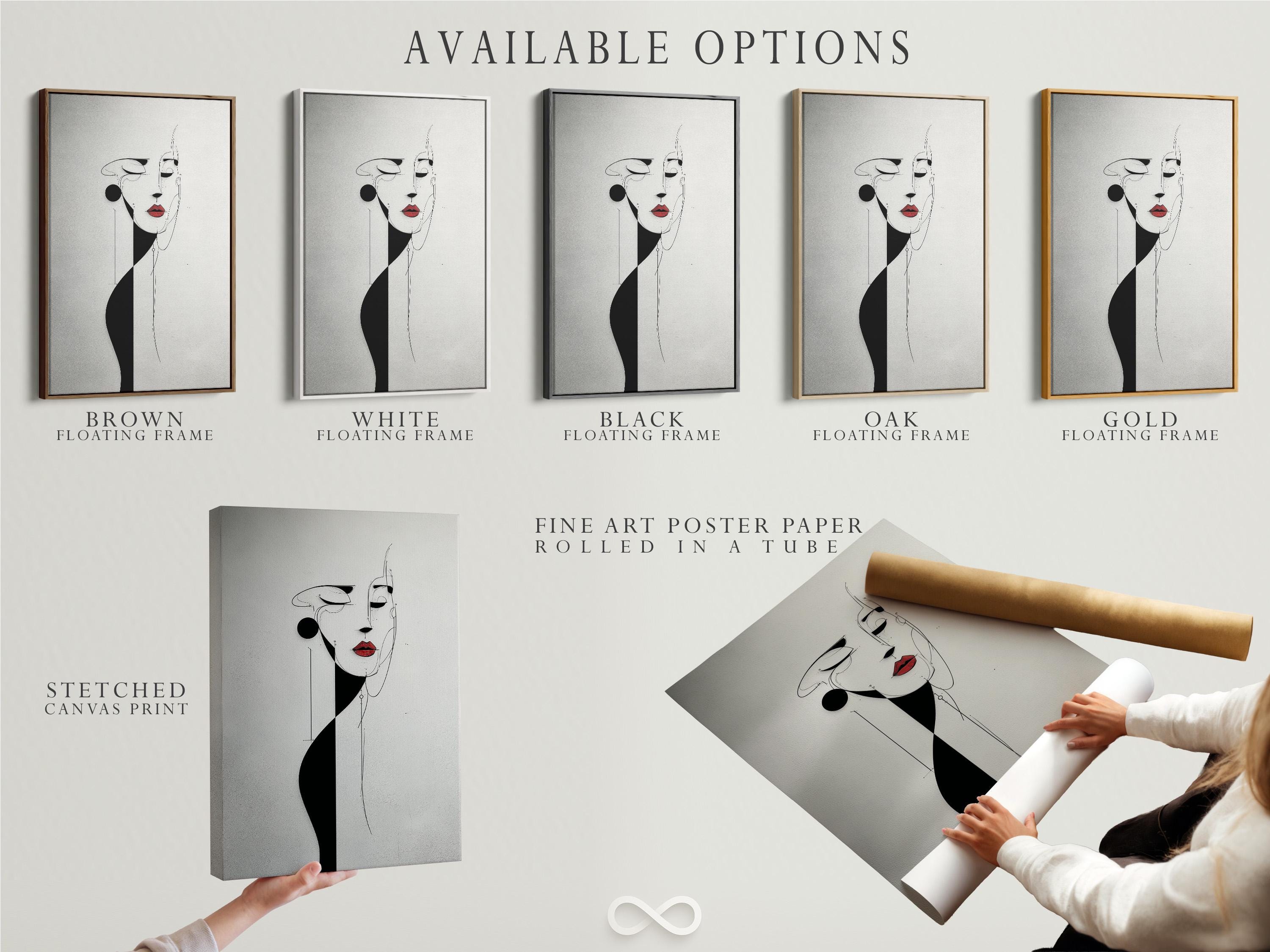 Minimalist black and white line-art woman face with red lips accent detail view