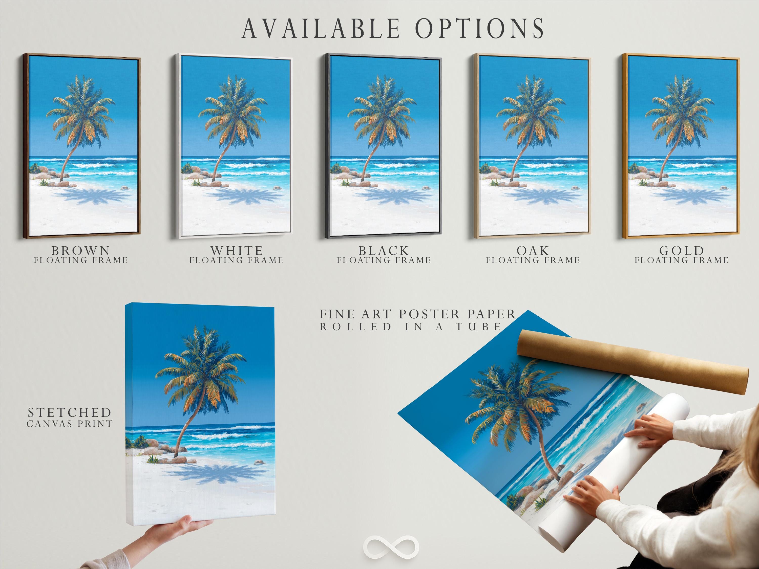 Tropical beach scene with a palm tree, turquoise ocean waves, and a blue sky detail view
