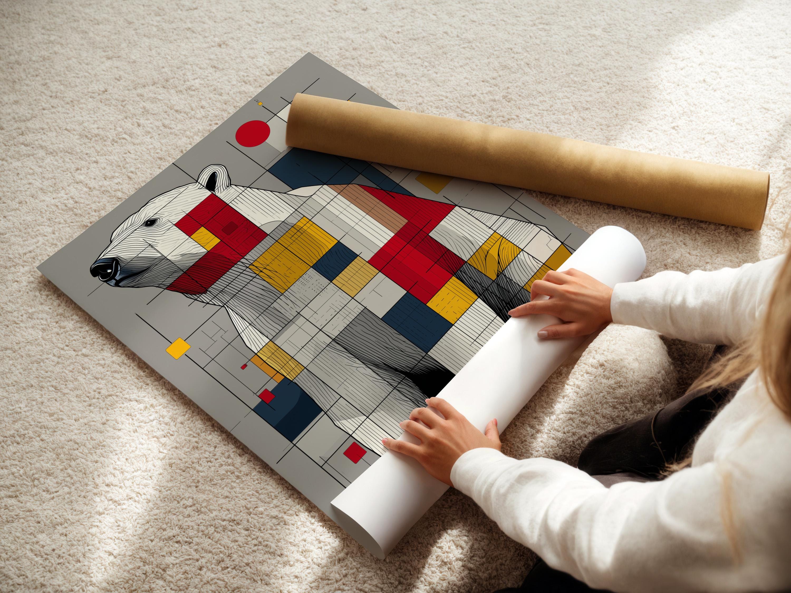Room mockup showing framed geometric polar bear artwork on a wall