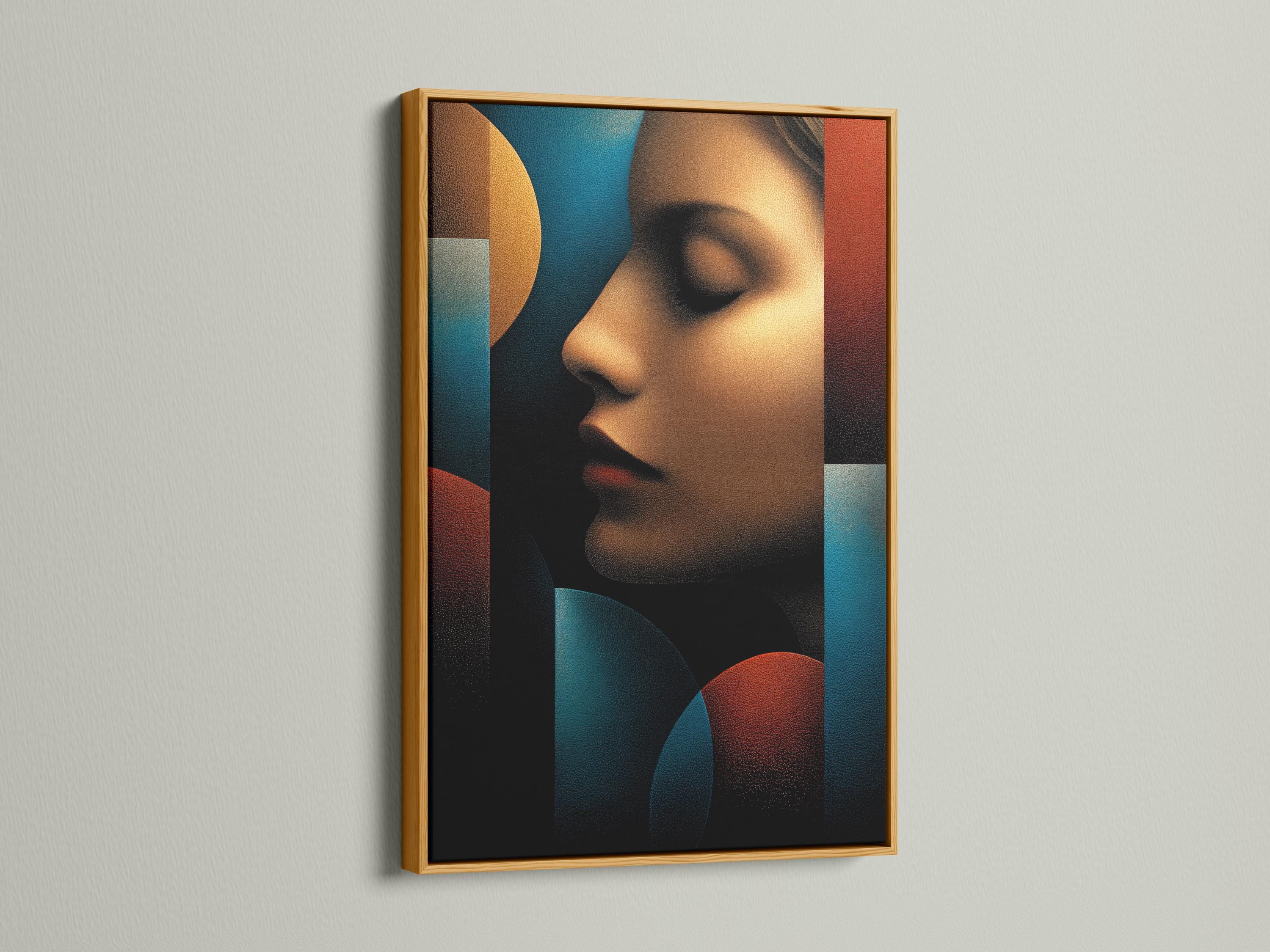 Abstract woman portrait profile in teal, bronze and burnt red-orange with textured shading detail view