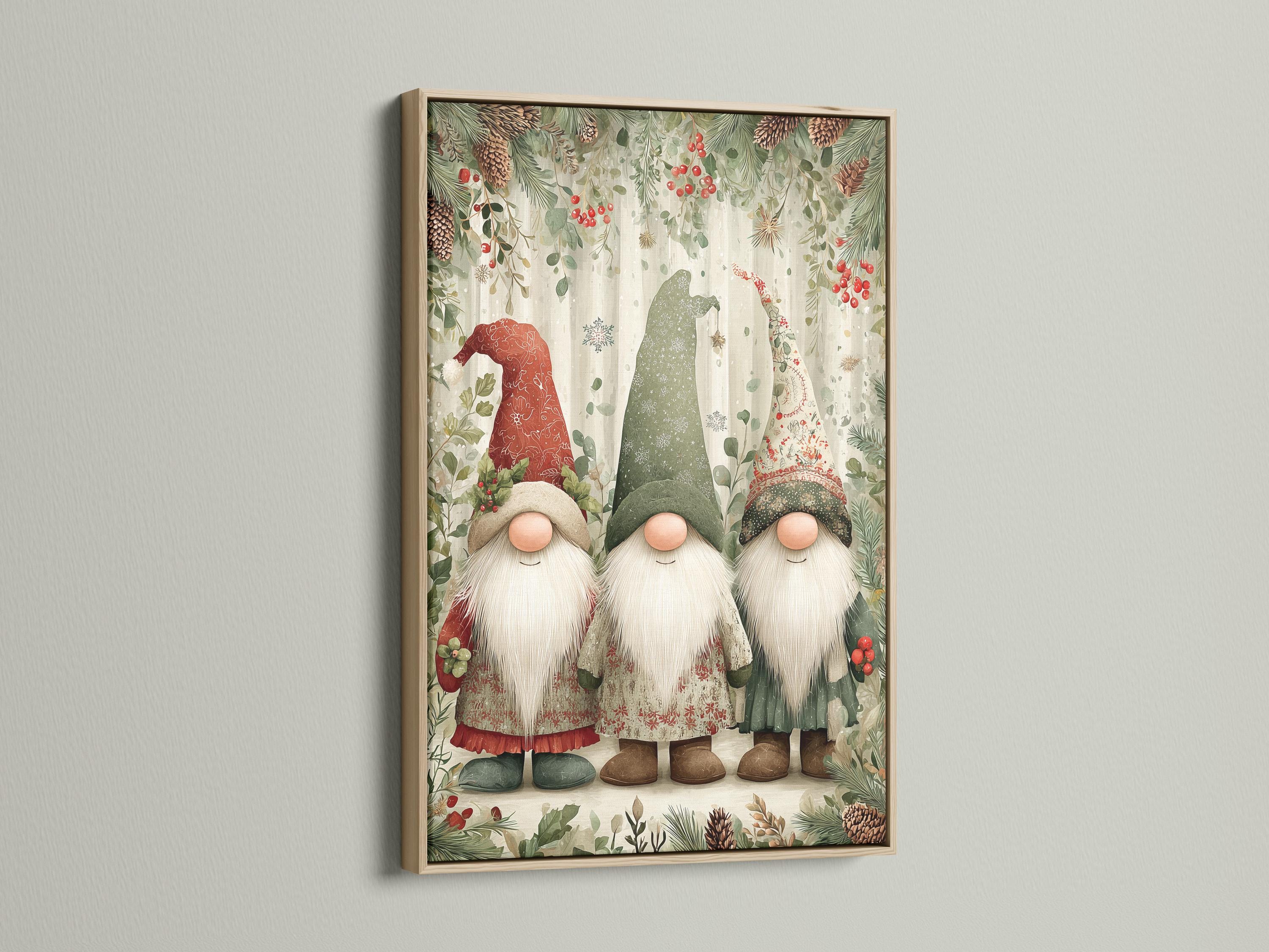 Three winter gnomes with long white beards standing in a festive evergreen scene detail view