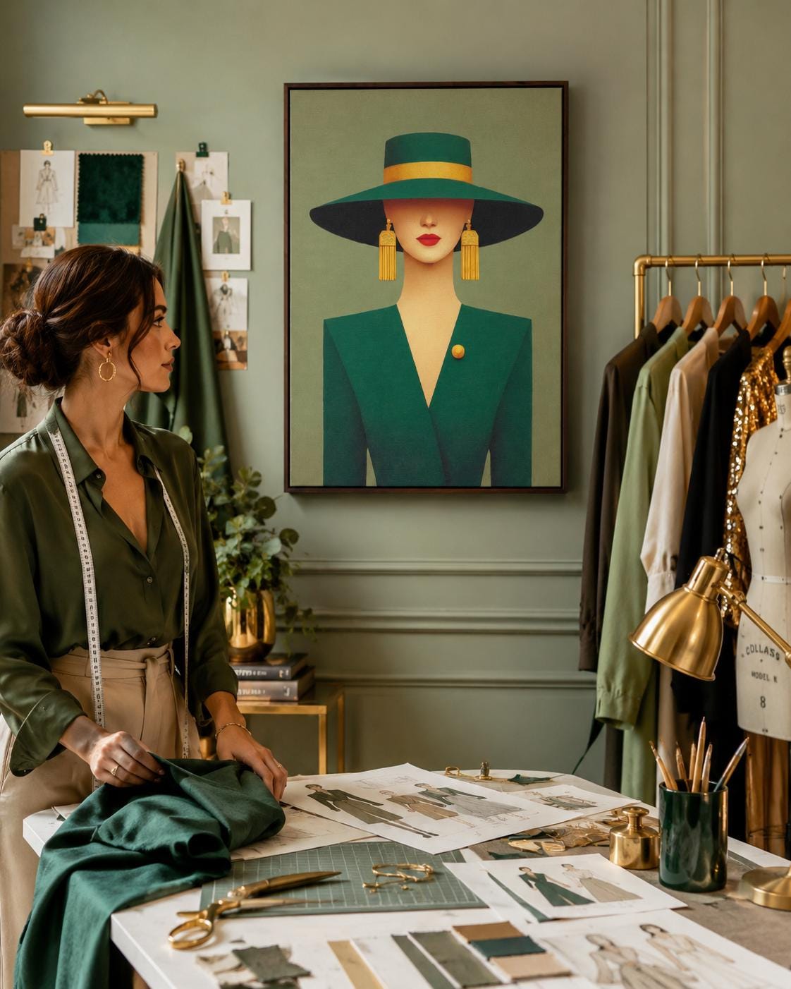 A stylised portrait of an elegant woman in a wide-brim hat, shown against a muted green background with gold accents and Art Deco-inspired shapes