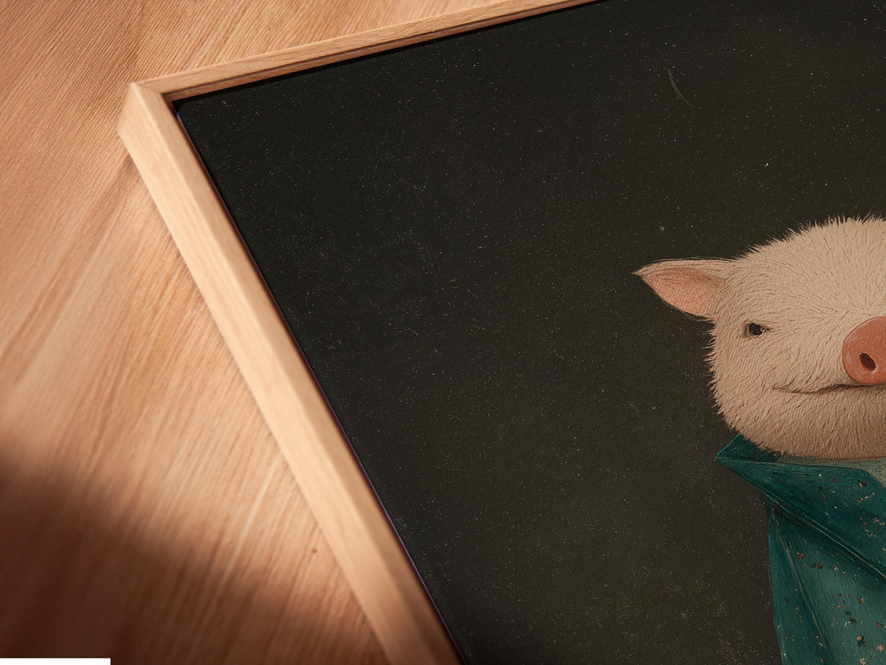 A pig in a teal suit with hanging gold scales on a dark textured background detail view
