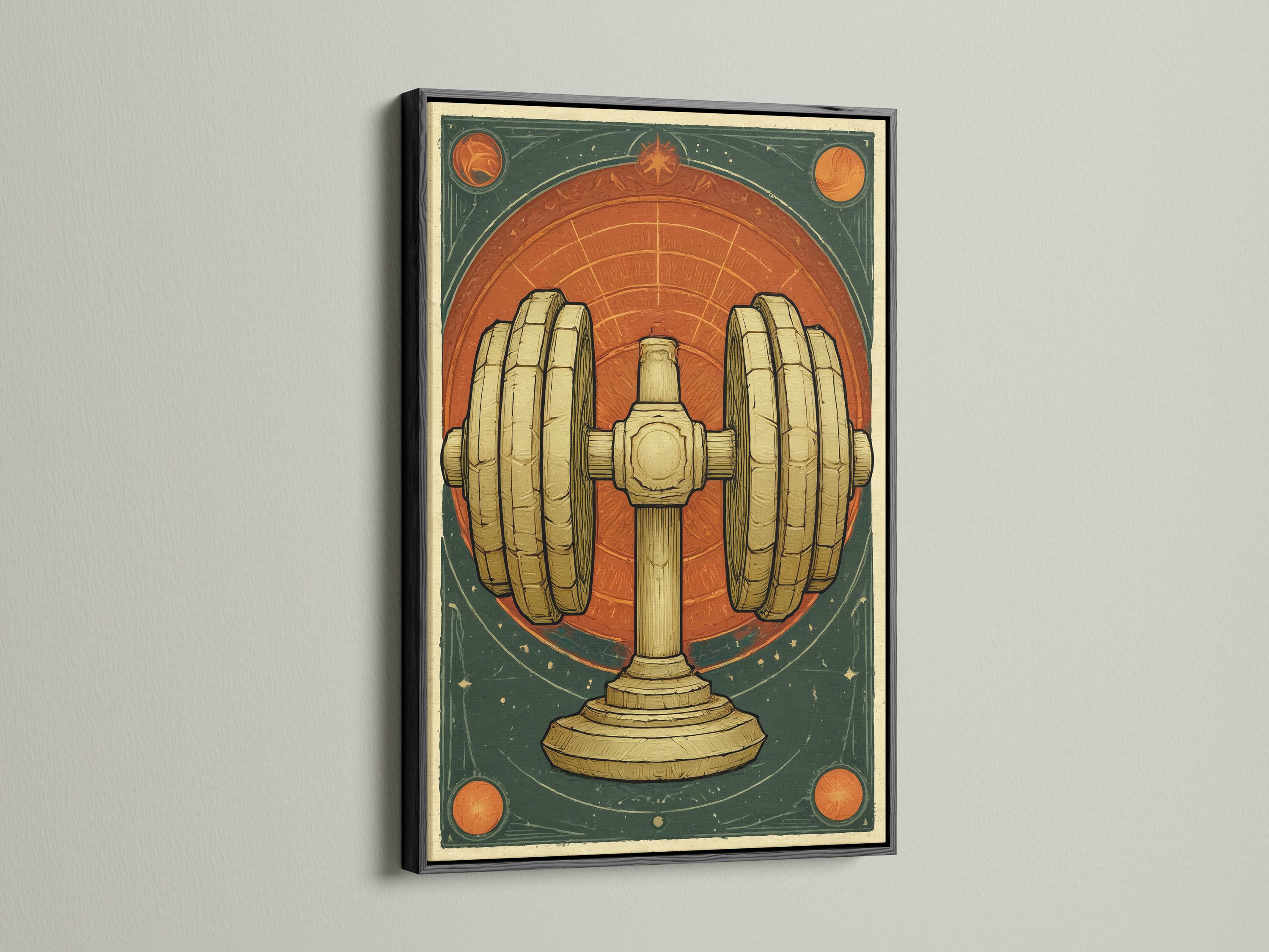 Framed gold dumbbell artwork shown on a wall with other matching pieces