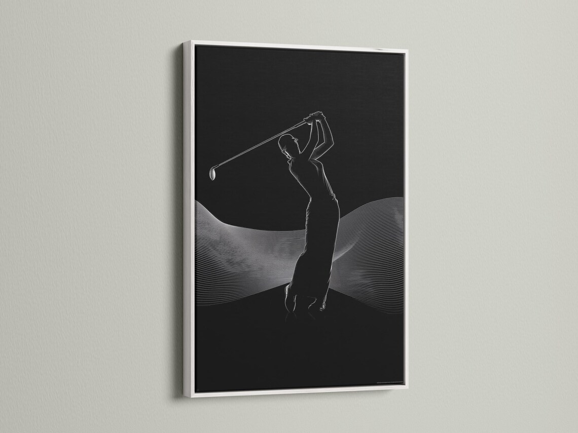 Black and white line art of a golfer silhouette mid-swing with curved contour lines detail view