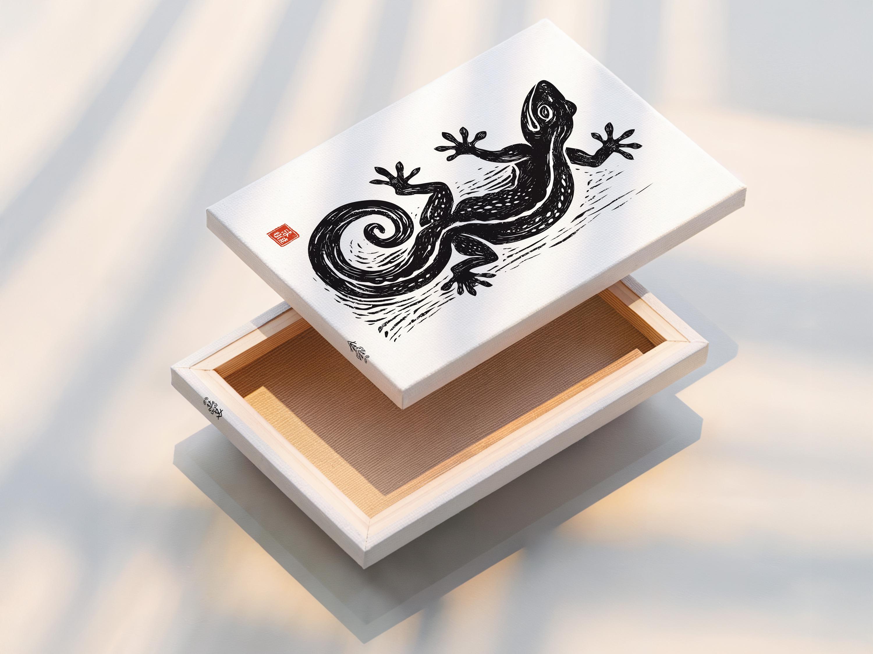 Room mockup showing framed lizard illustration on a wall with small red seal detail