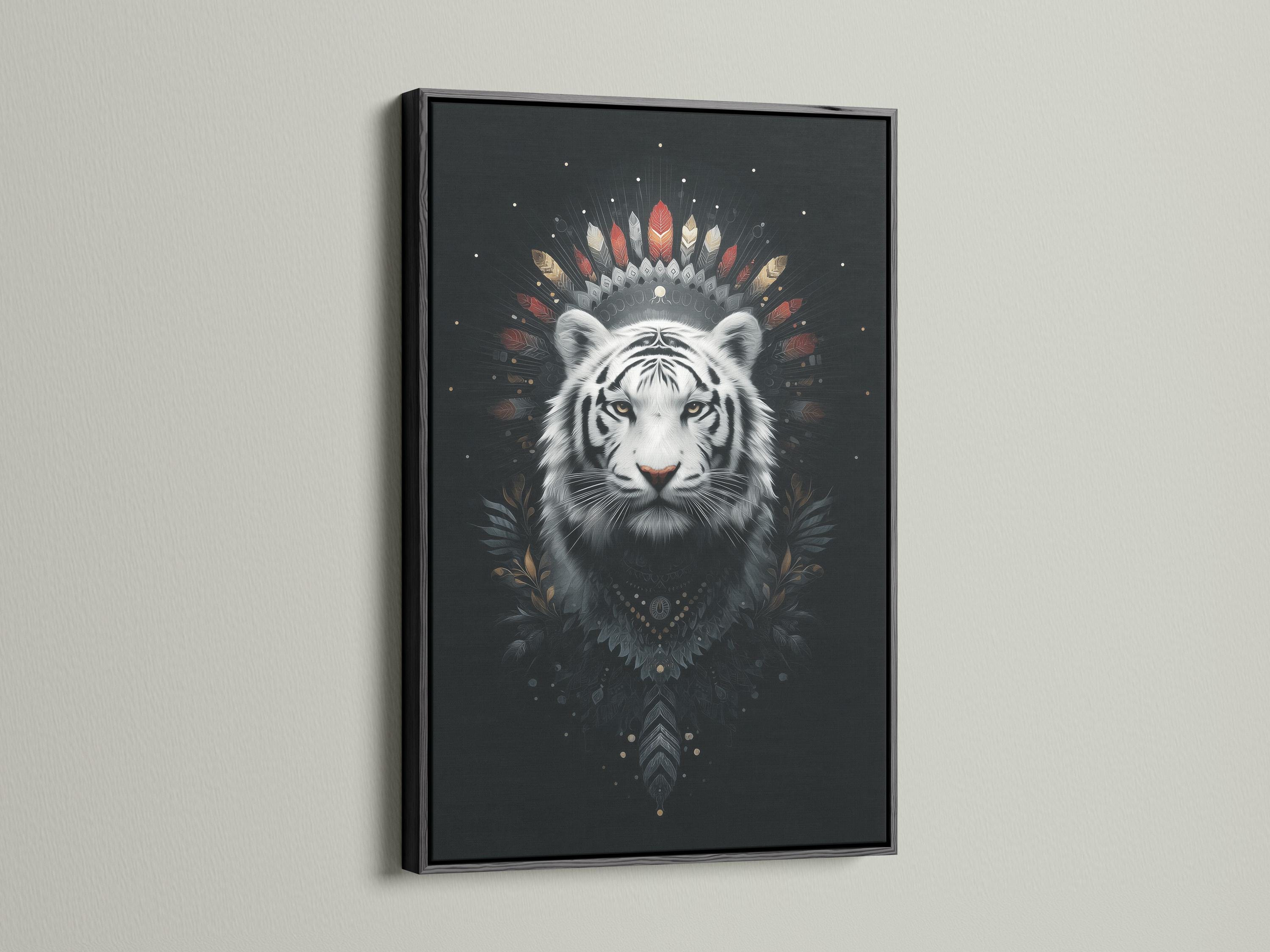 White tiger portrait with feather headdress and gold flecks on a dark background detail view