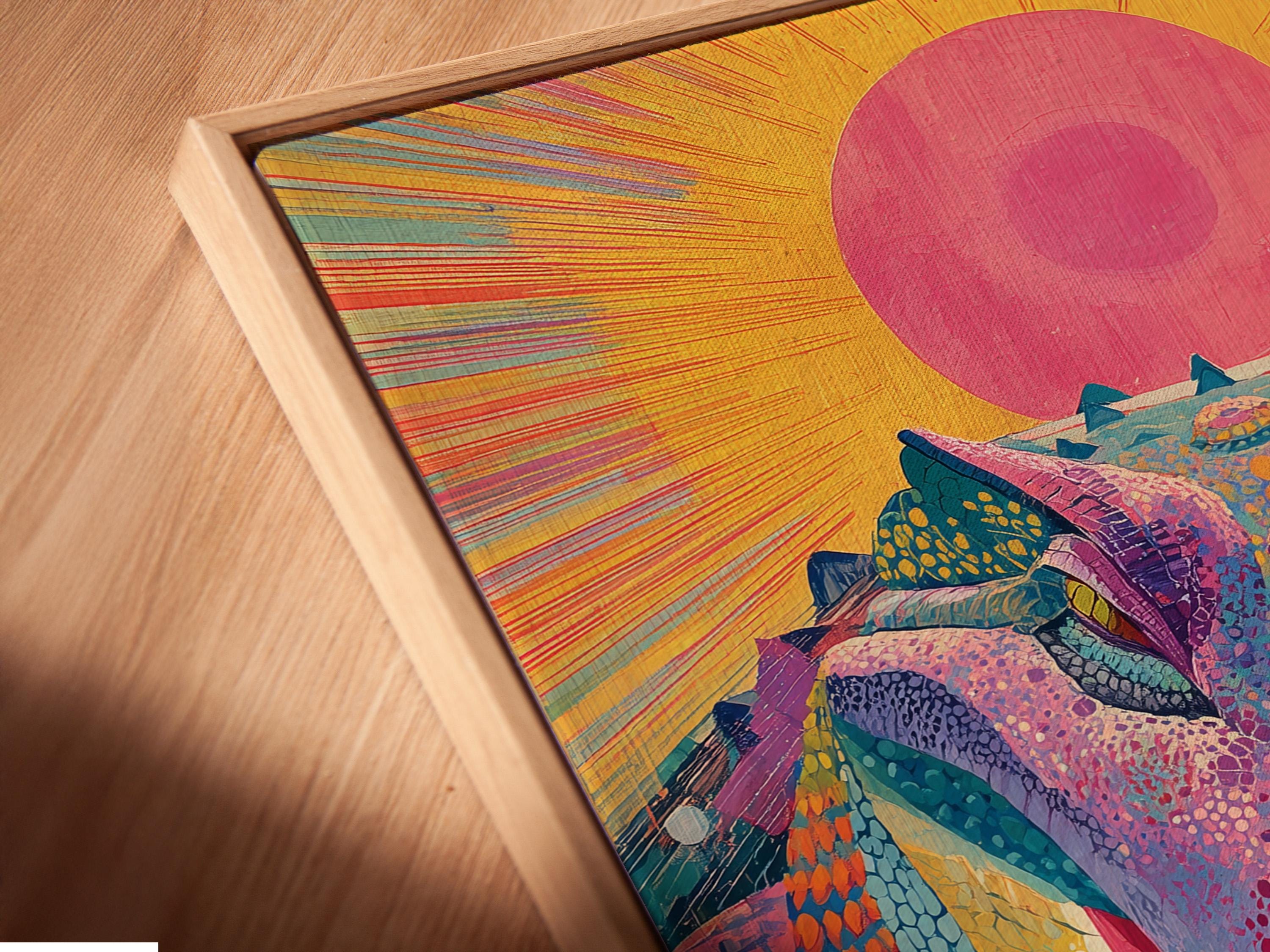 Stylised alligator portrait with a large pink sunburst, bright pink and teal scales, and dark blue water strokes detail view