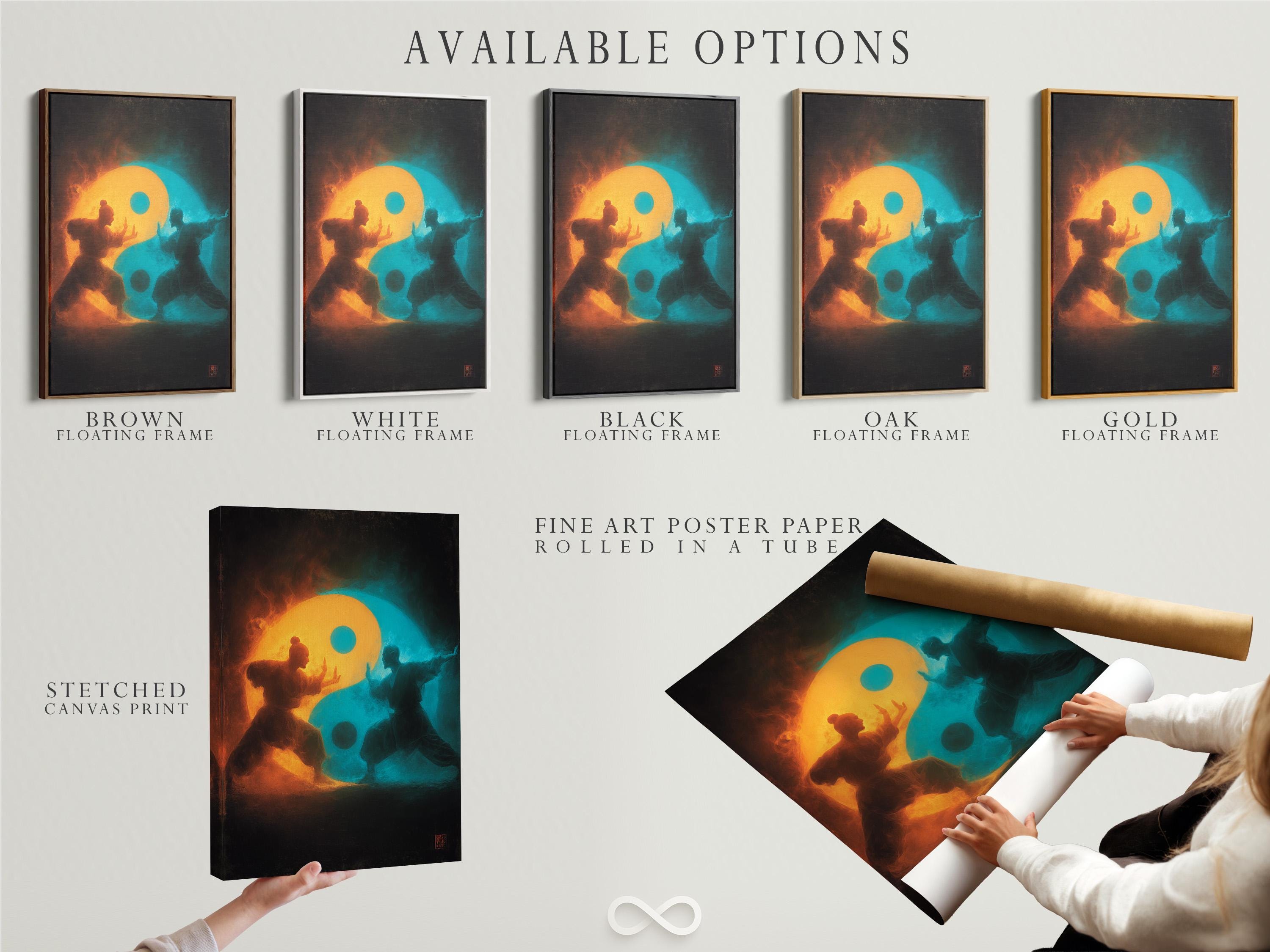 A dark painterly martial-arts figure stands in silhouette within a glowing yin-yang inspired split of orange and teal mist detail view