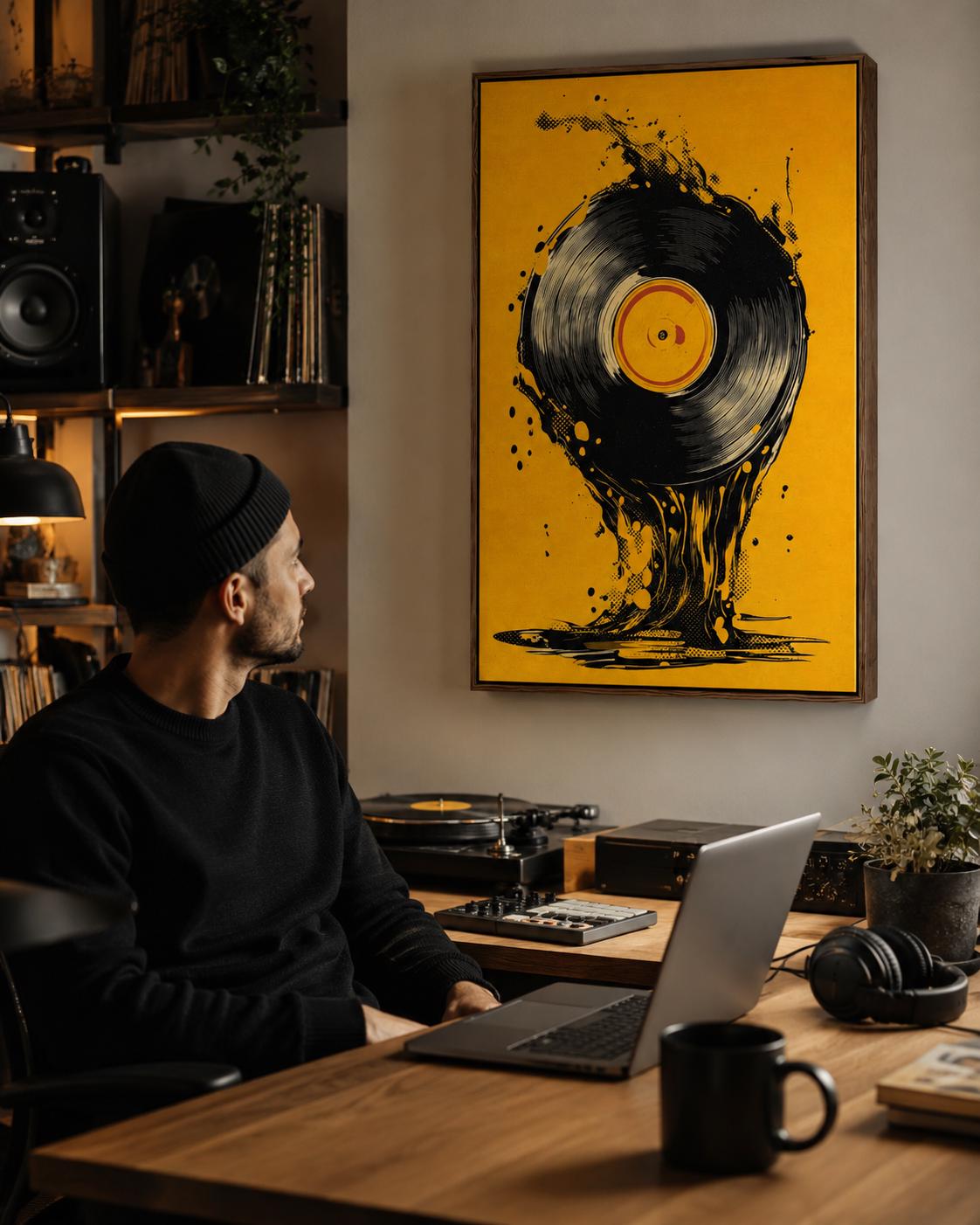 A man wearing headphones beside a music setup with a vinyl record artwork on a wall