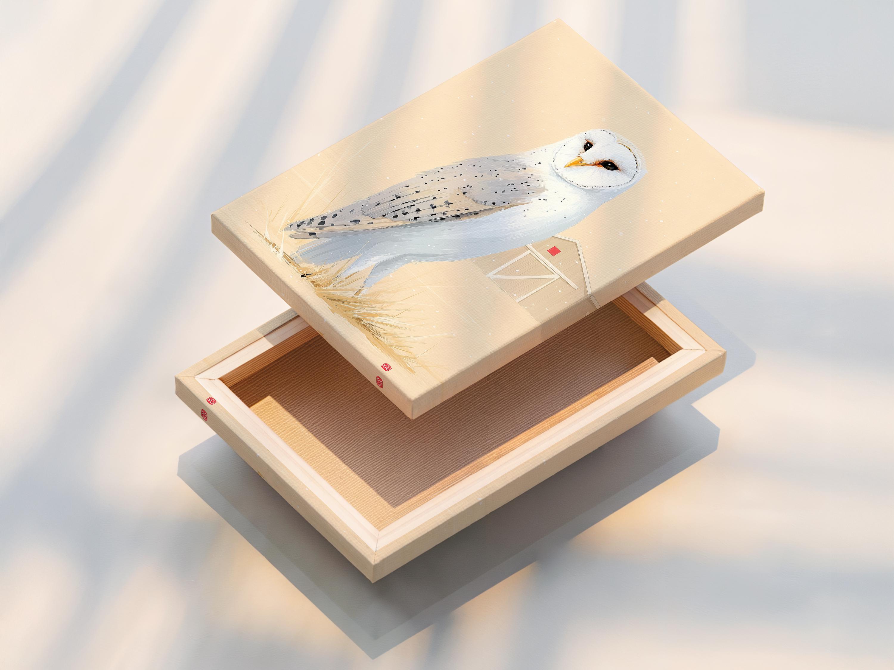Painterly barn owl with white feathers and an orange beak on pale grass against warm beige background with snow-like specks detail view