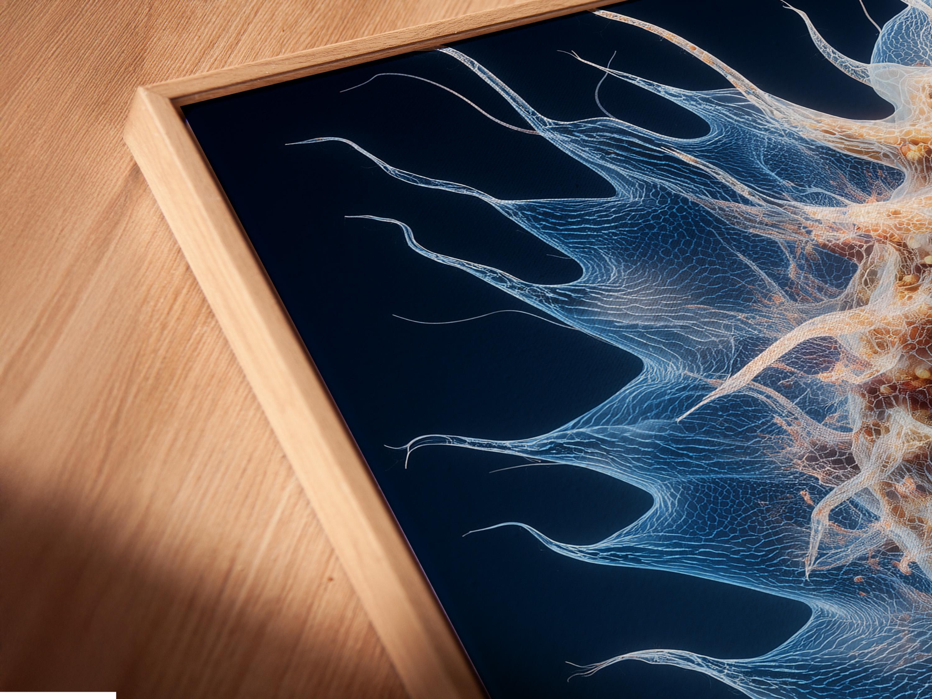Abstract sea-anemone style artwork on a deep navy background with pale blue tendrils and gold speckles detail view