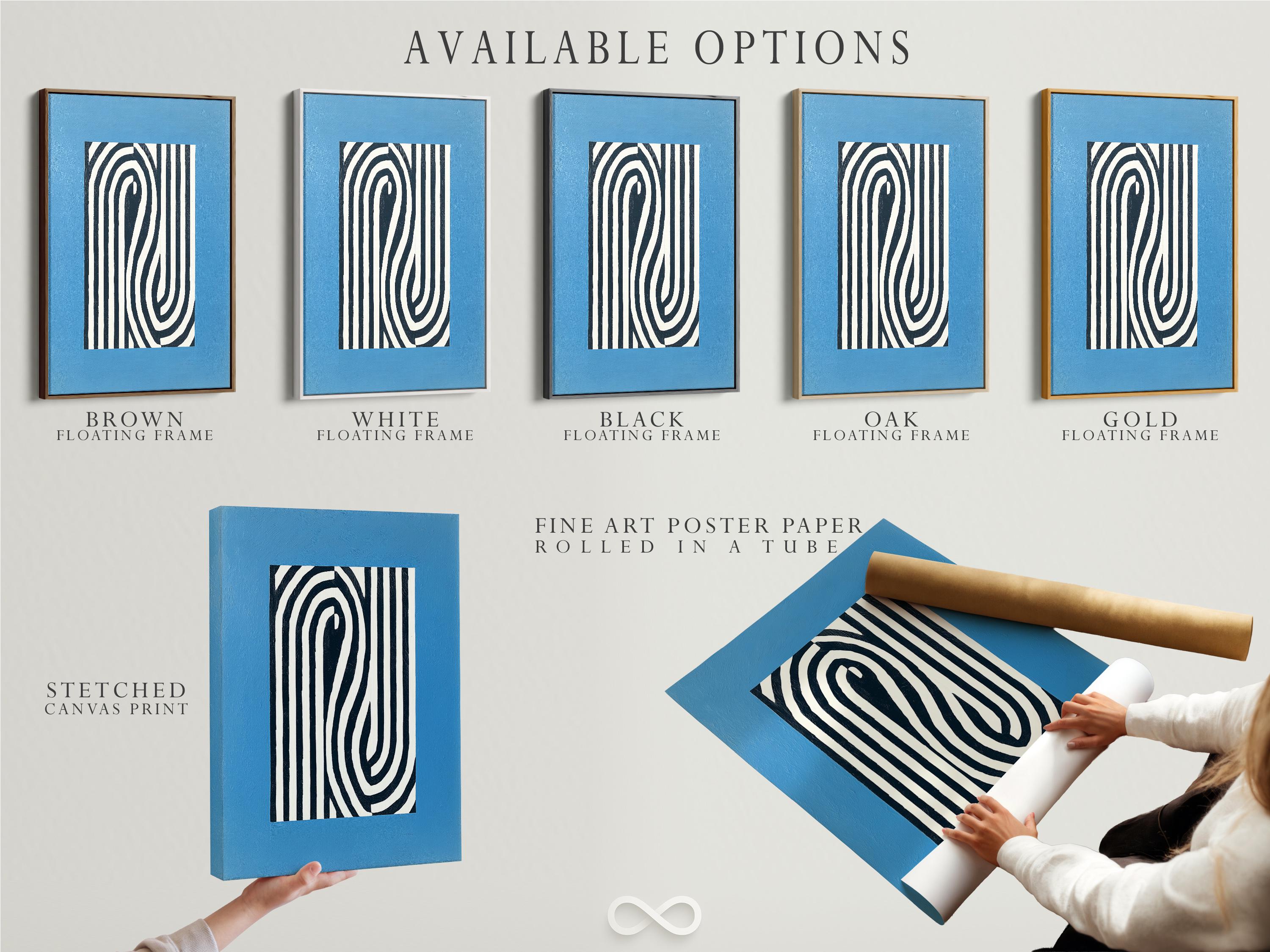 Abstract blue artwork with black and white vertical stripes and curved concentric lines detail view