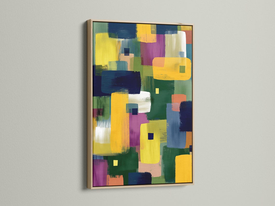 Geometric abstract artwork with overlapping blocks and squares in yellow, navy, green, and purple detail view