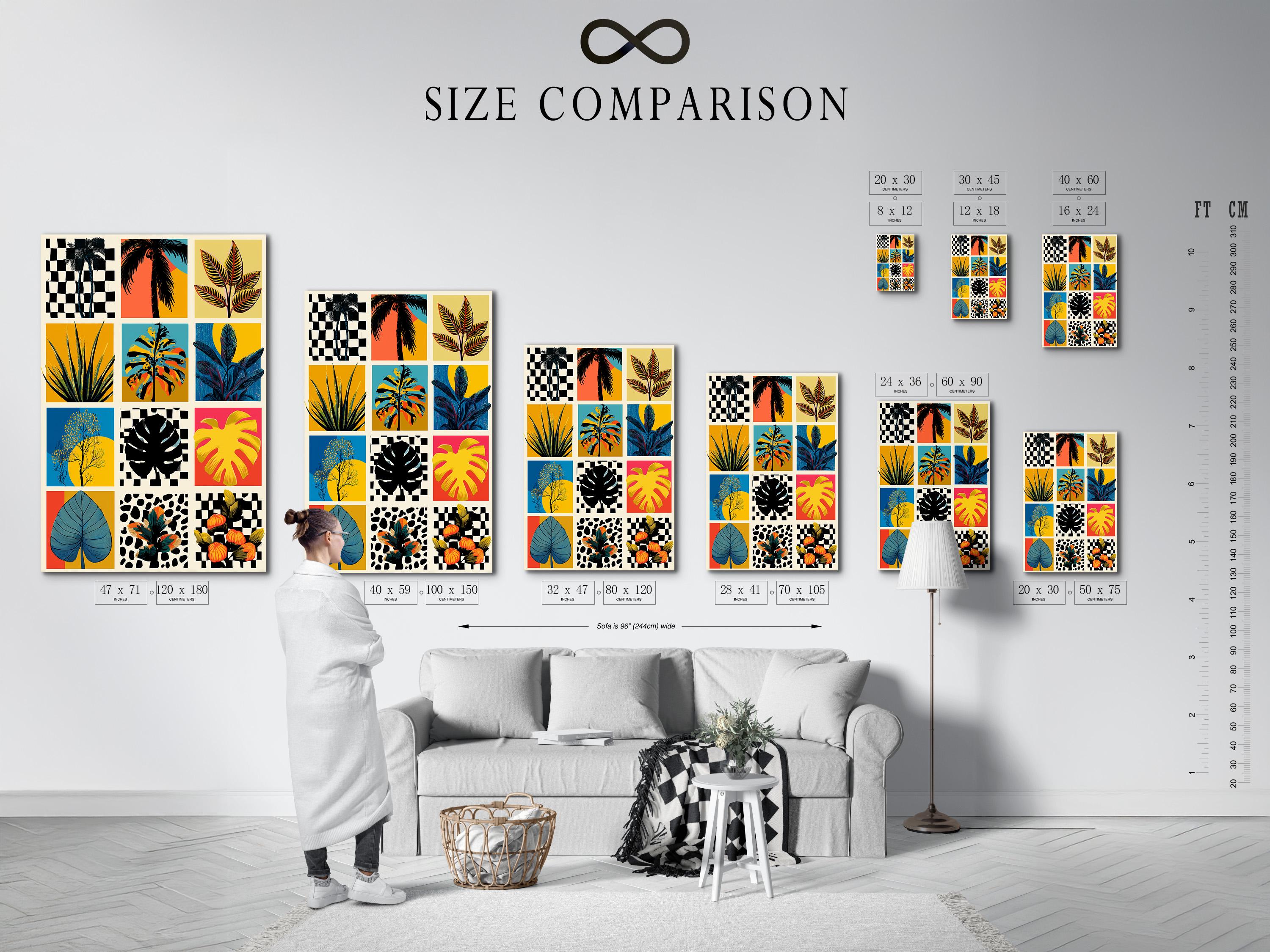 Retro tropical botanical collage on a framed grid, shown in a room mockup with extra artwork