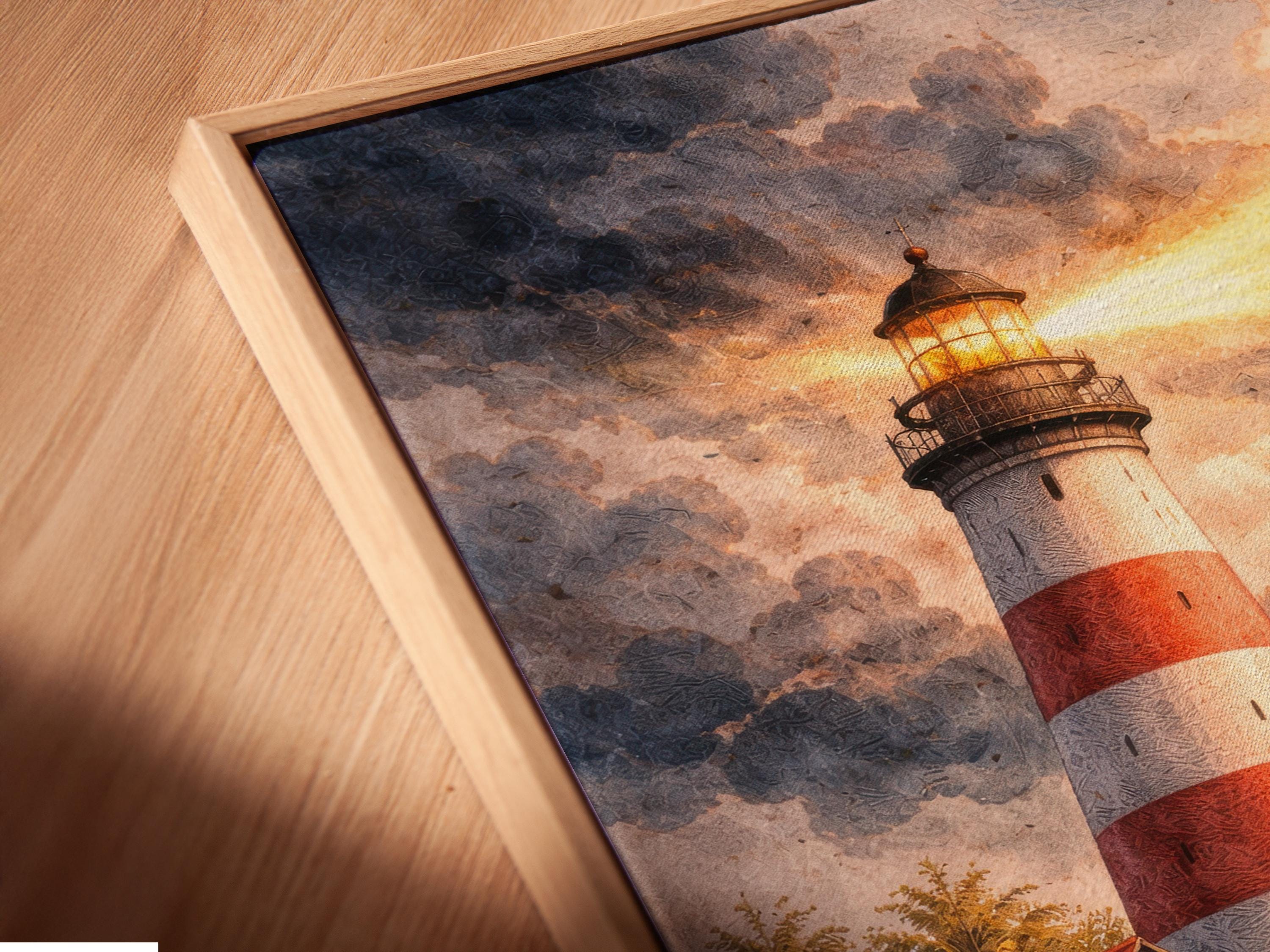 Lighthouse on a rocky coast in a stormy seascape with dark clouds and a warm golden beam detail view
