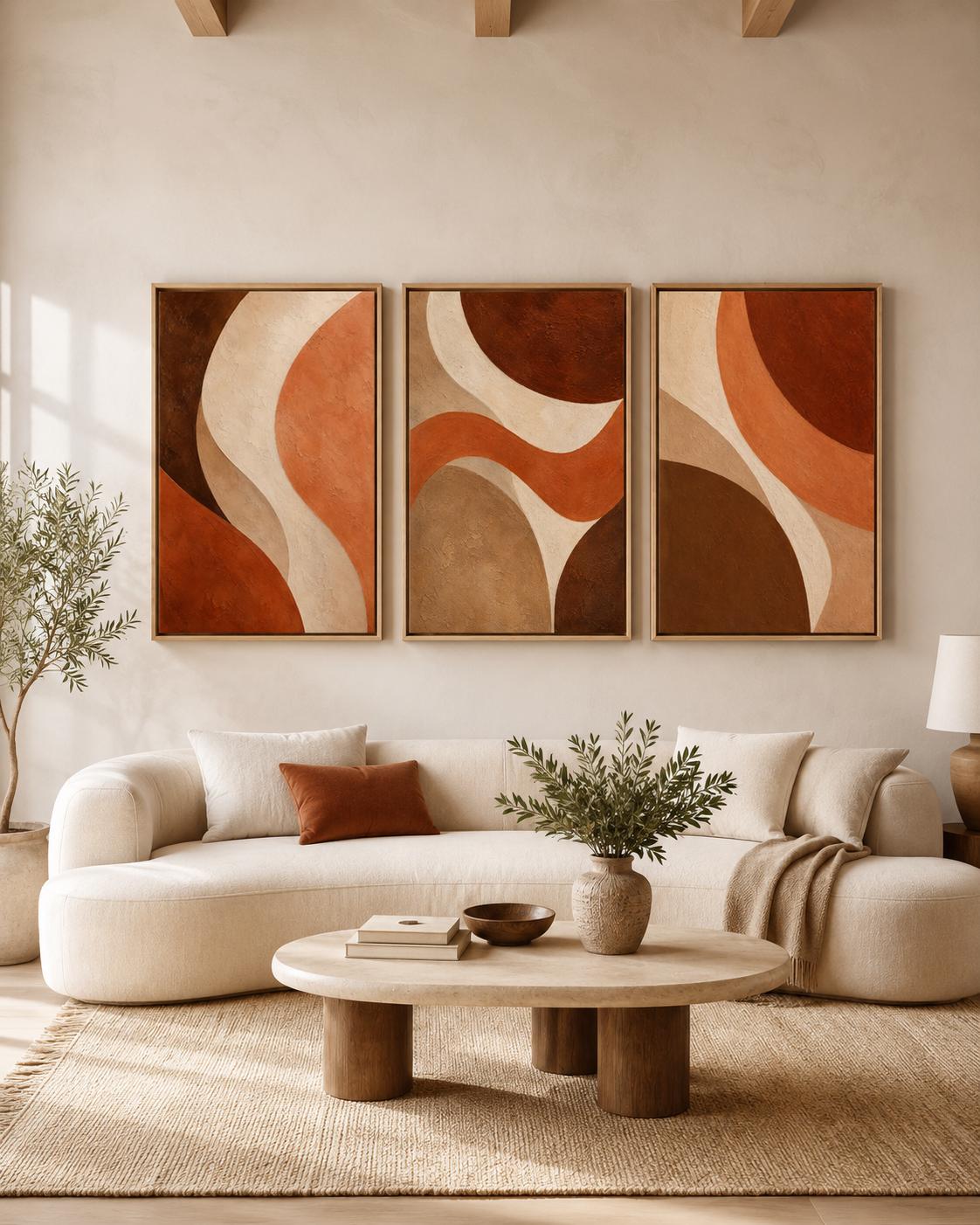 Living room mockup with three terracotta and beige abstract panels above a sofa