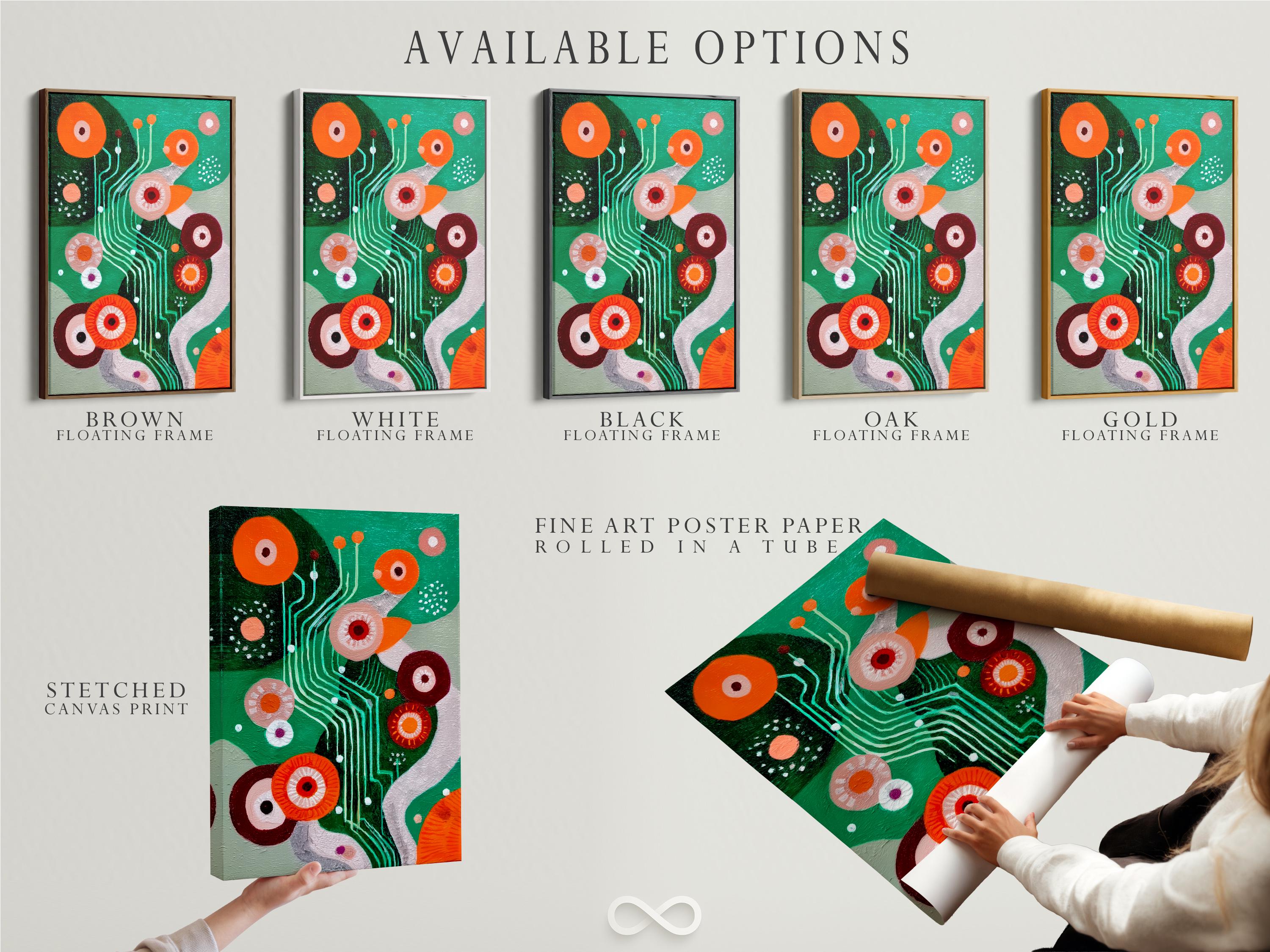Green abstract artwork with orange and maroon circles, teal curved lines and dotted accents detail view