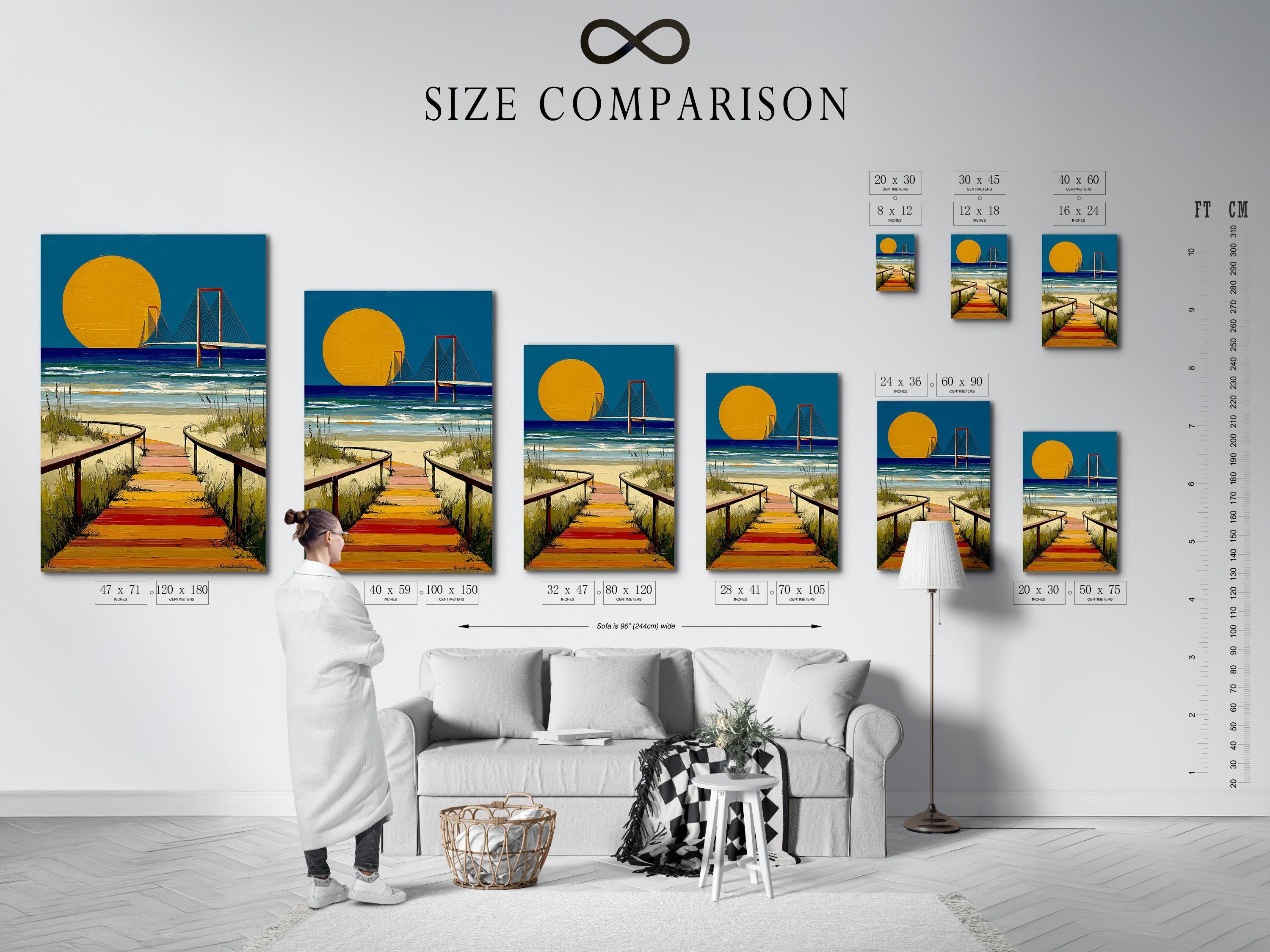 Portrait coastal artwork with golden sun, blue ocean, and a bridge over waves detail view
