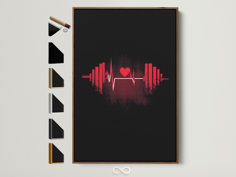 Black fitness graphic with a red heart icon, pulse waveform line and symmetrical vertical bars