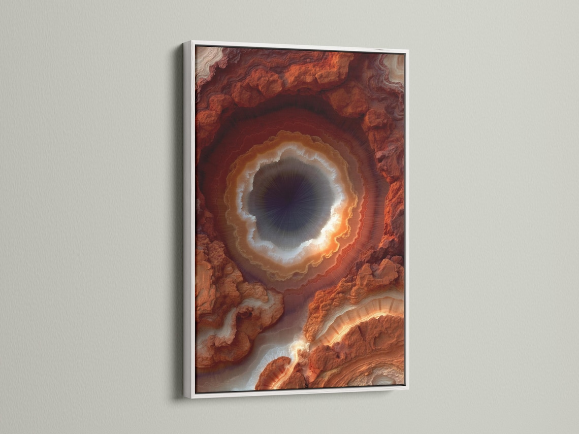 A rust orange geode-like abstract design shows a bright glowing ring around a dark centre, surrounded by marbled stone textures detail view