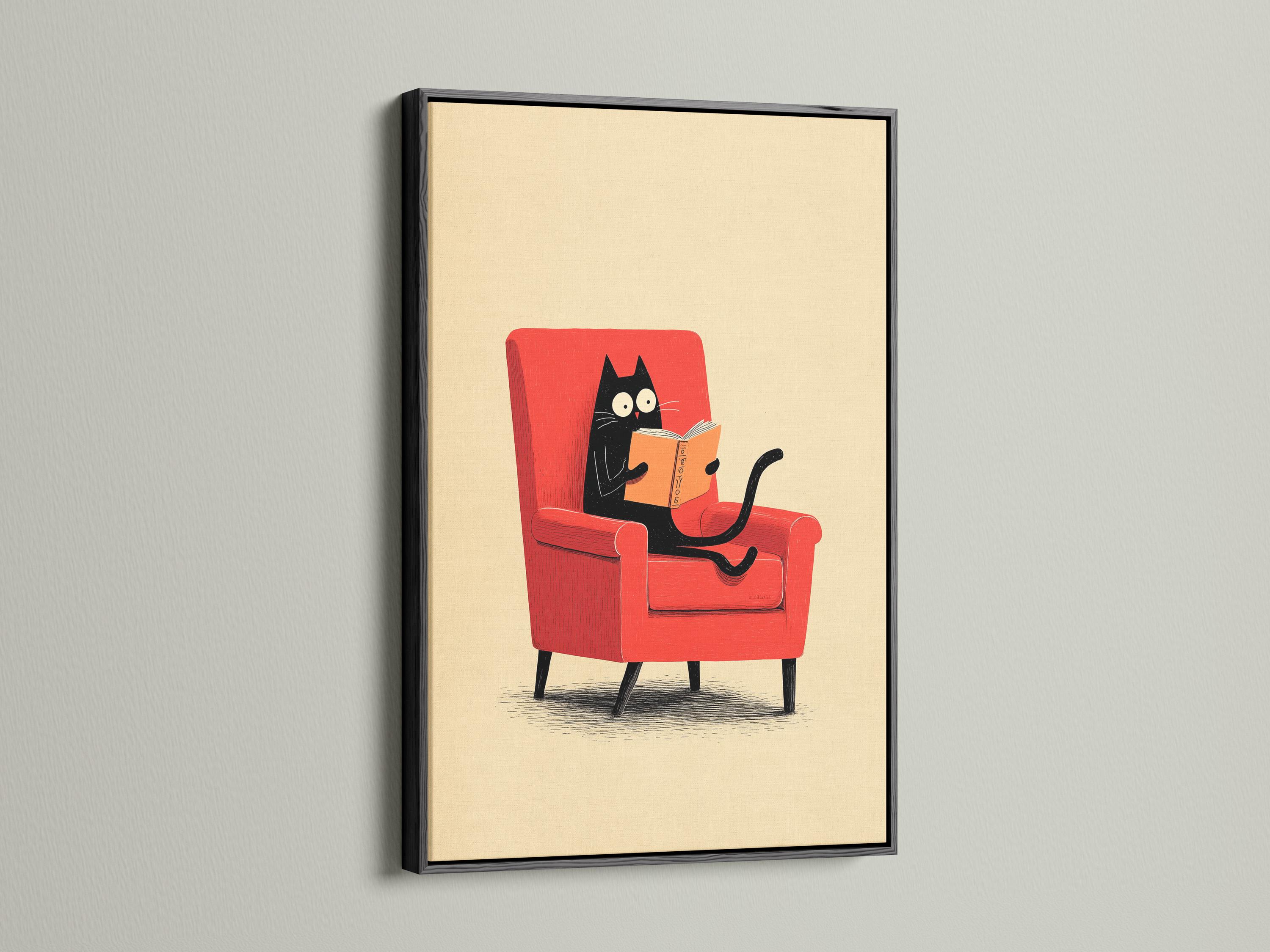 Illustrated black cat reading an orange book while seated in a red armchair detail view