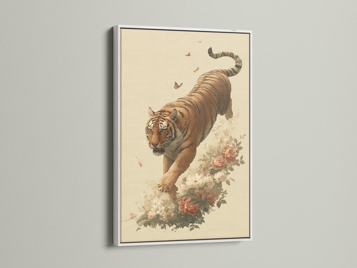 Framed tiger and flowers botanical artwork mockup