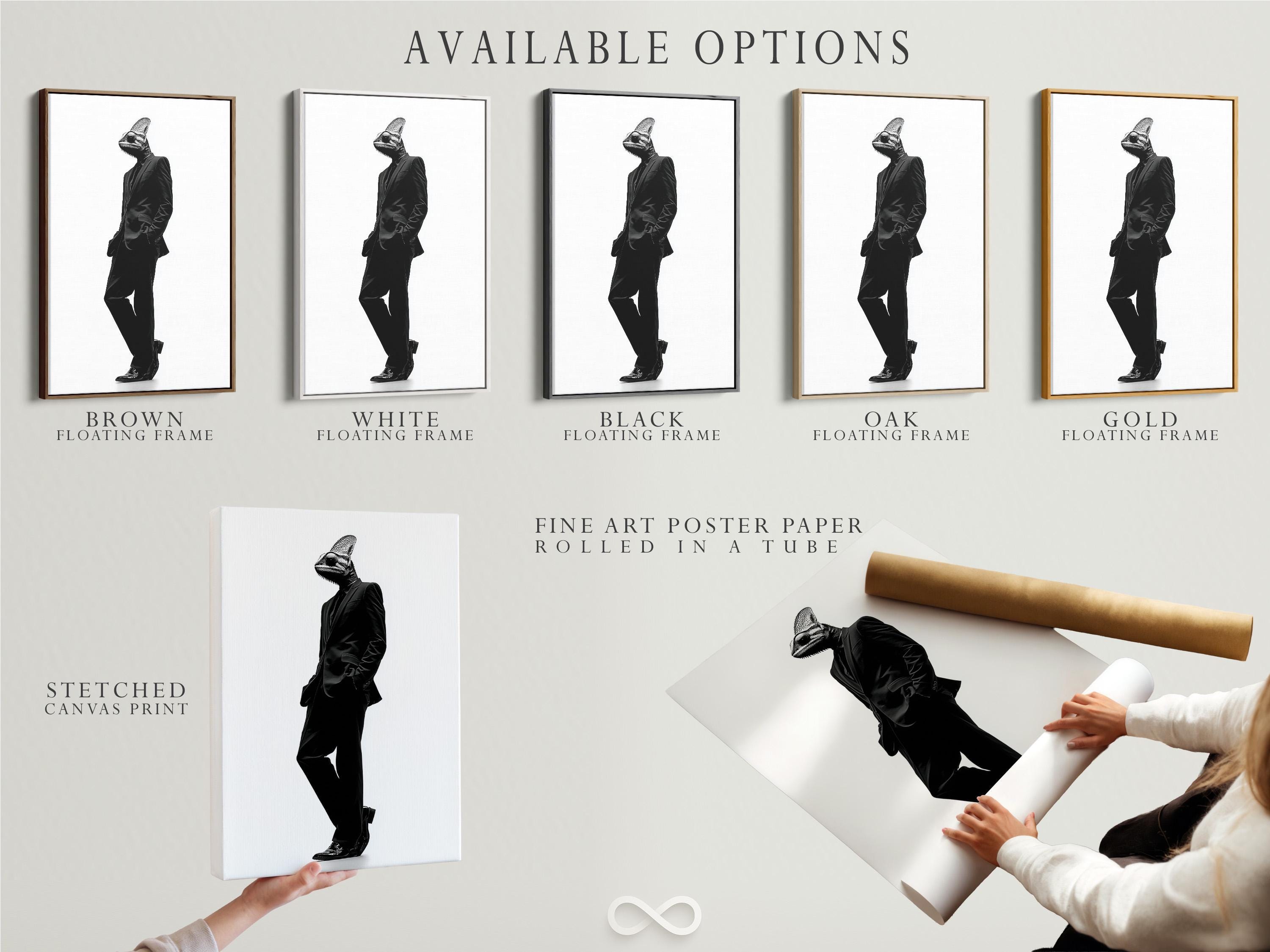 A monochrome chameleon head and suited figure walk in profile against a bright white background, rendered in high-contrast ink-like detail detail view