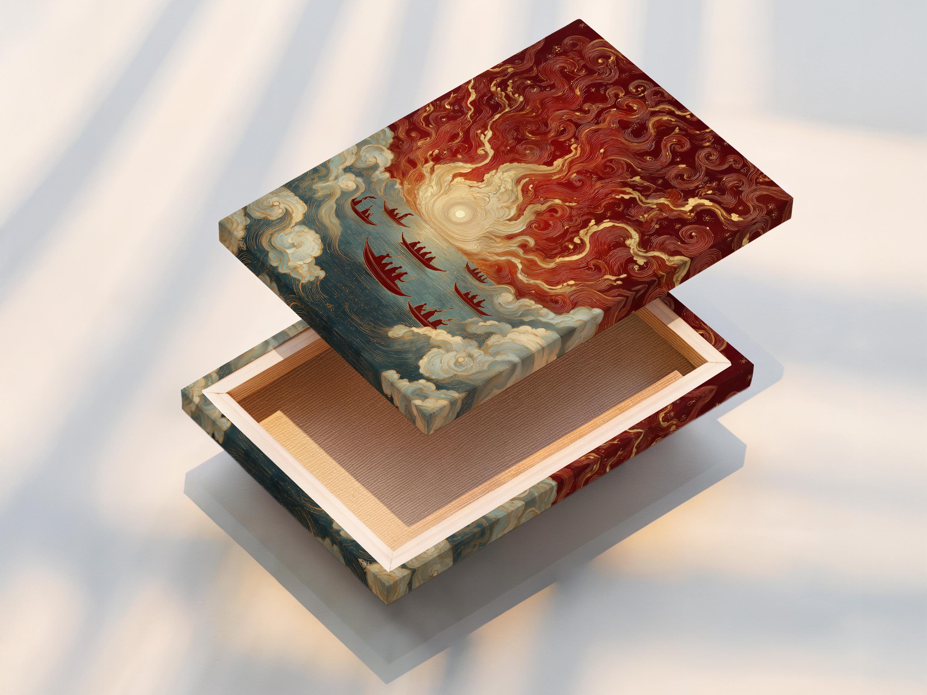 Stylised maritime artwork with a sunrise glow, swirling clouds and several red boats on ocean water detail view