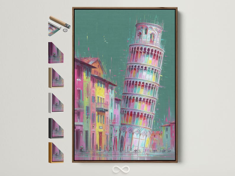 Stylised tall tower and city street in teal, pink, yellow and cyan
