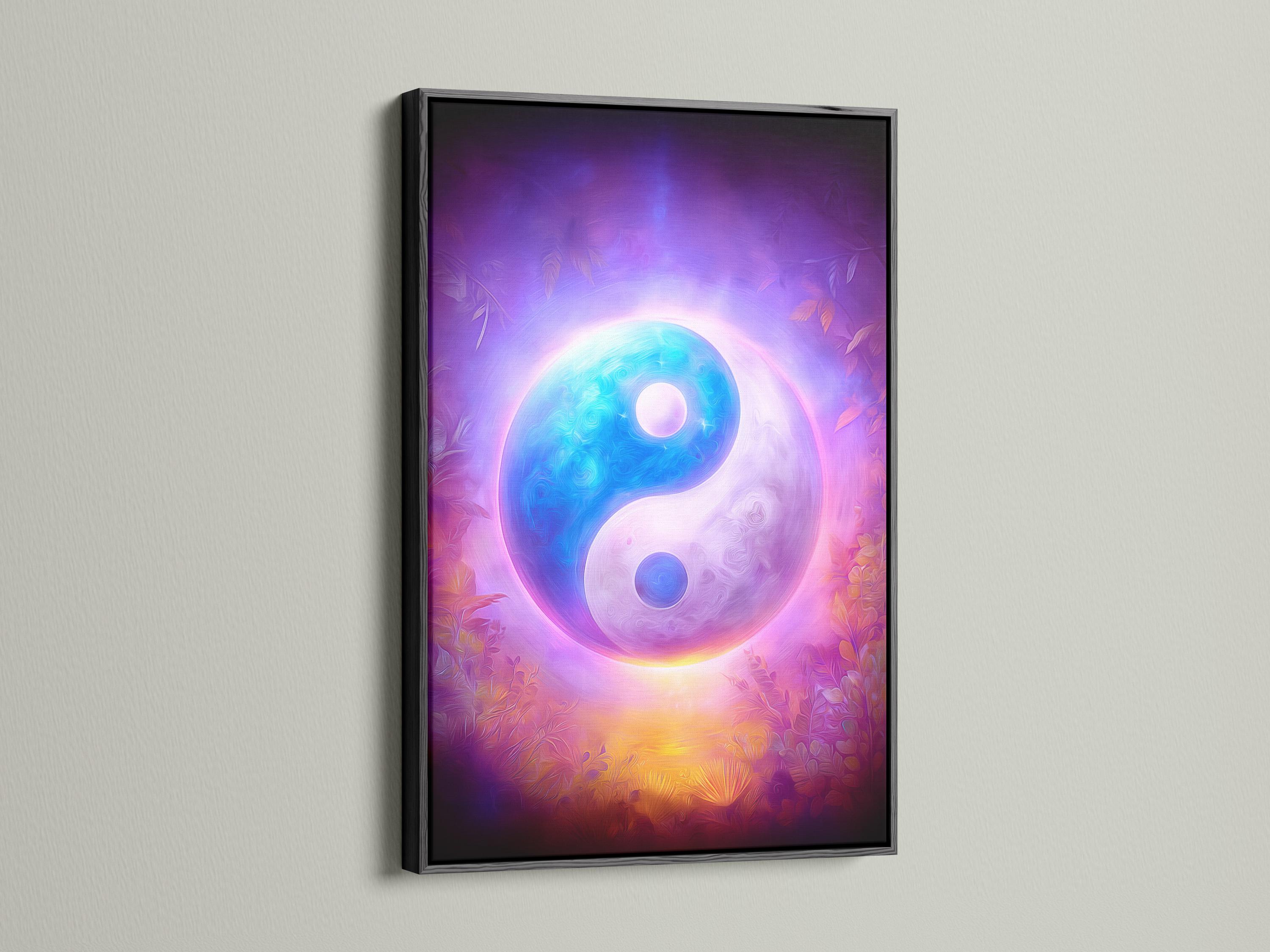 Room mockup showing a glowing purple and blue yin-yang artwork on a wall