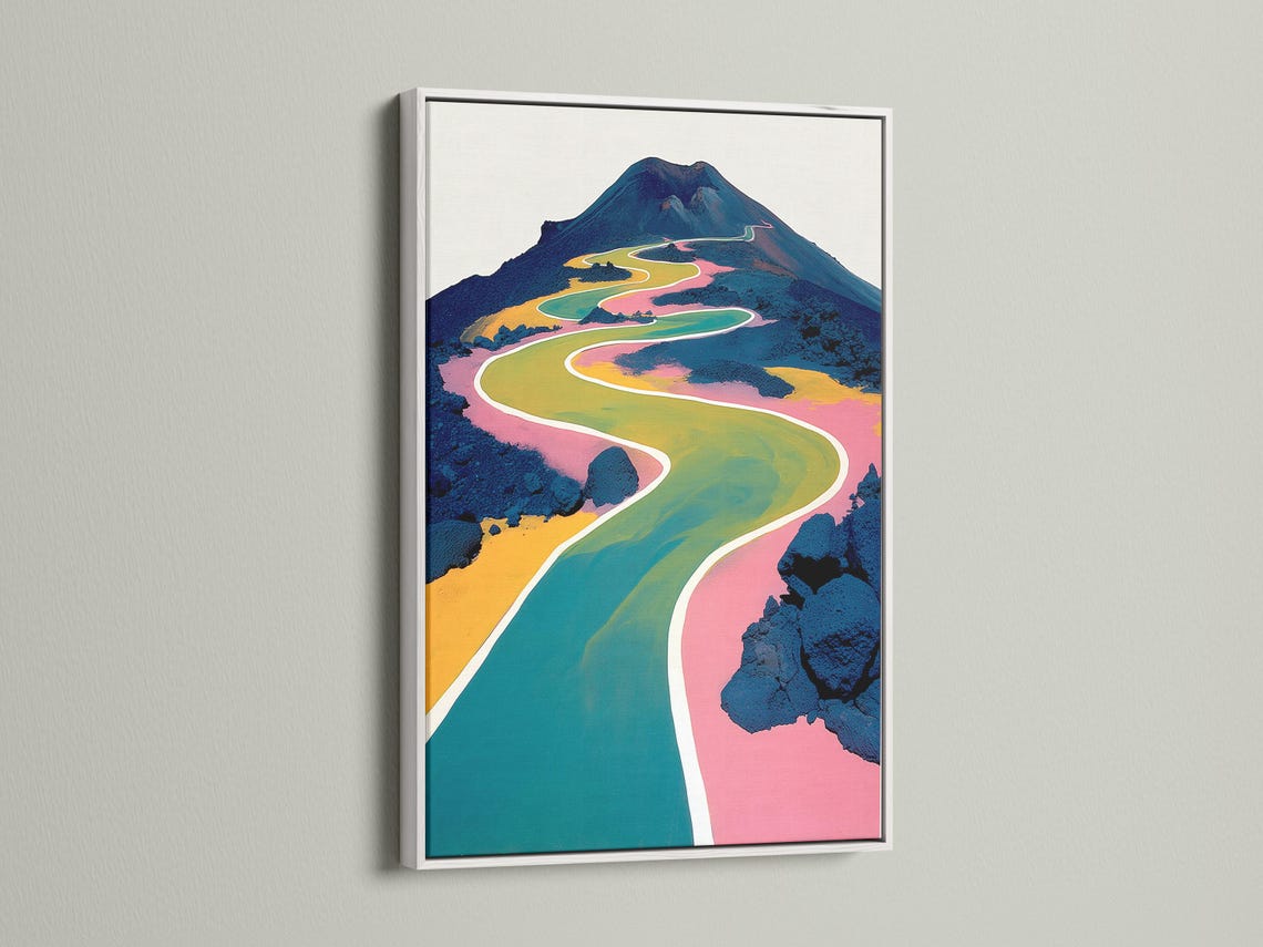 Winding road-like path through a stylised mountain landscape with teal, yellow and pink colours detail view