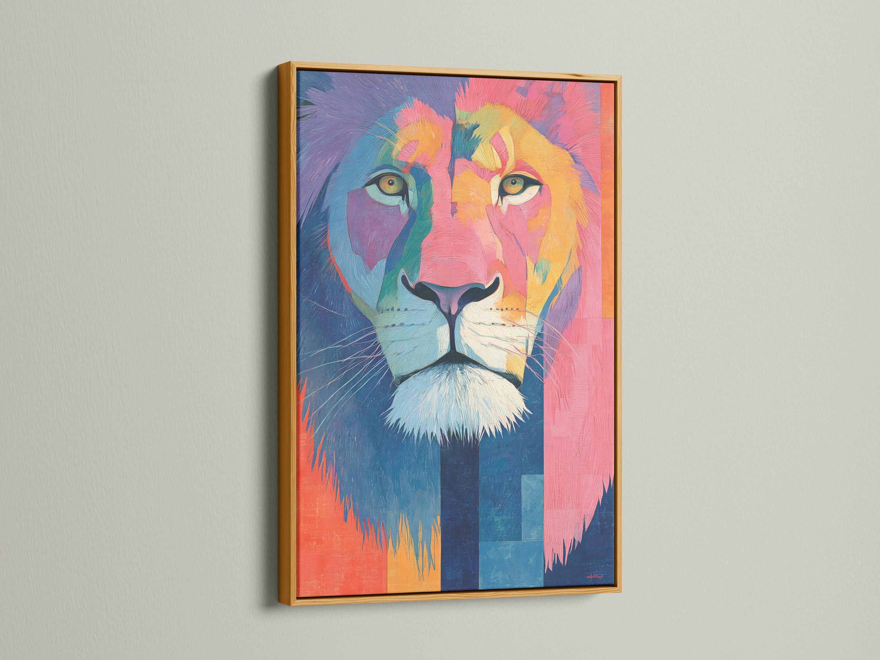 Lion wall art mockup with framed lion portrait in hot pink, blue and teal tones