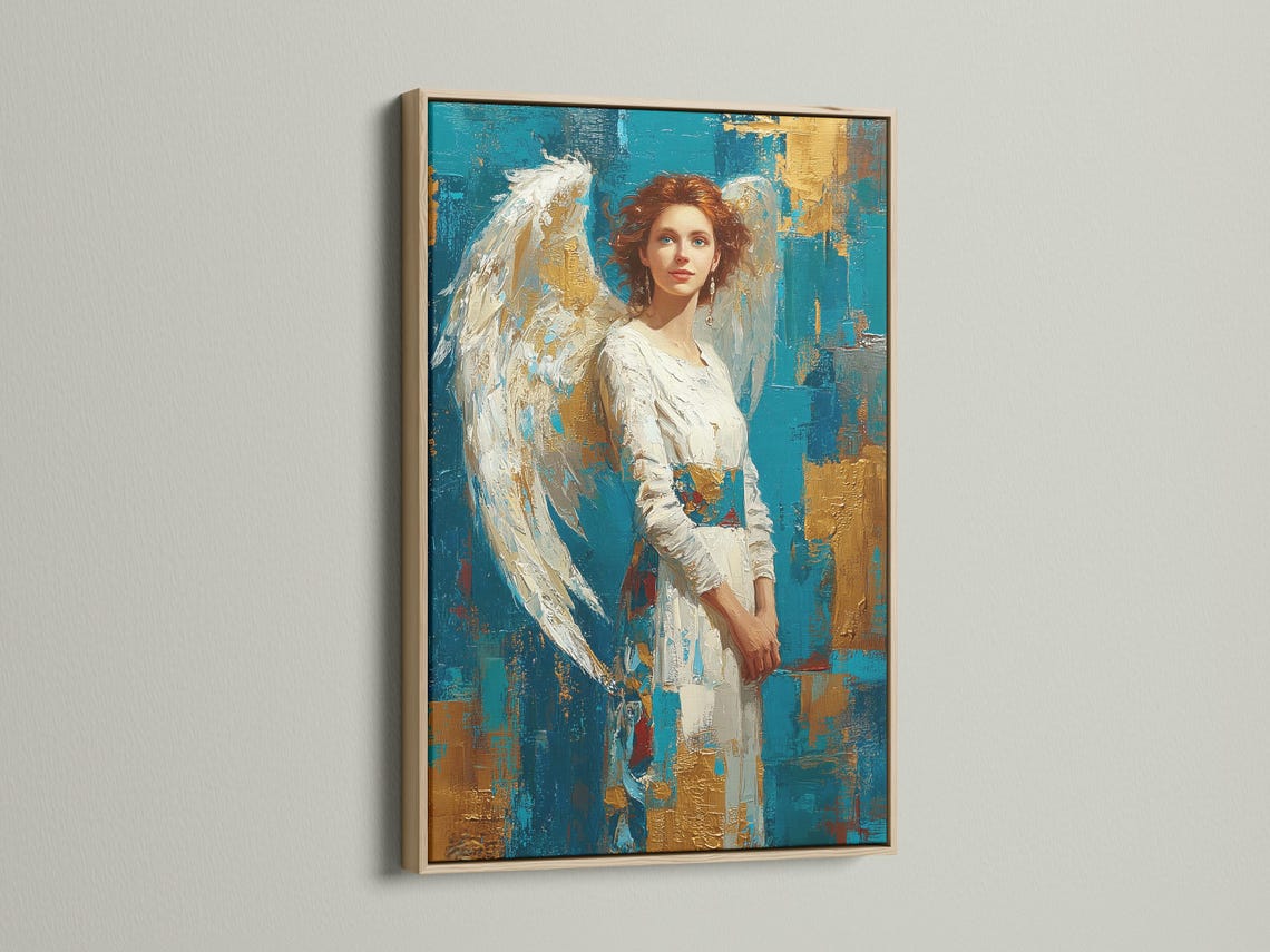 A teal and gold portrait of a woman with white angel wings, rendered in a painterly style with textured, gold-flecked background blocks detail view