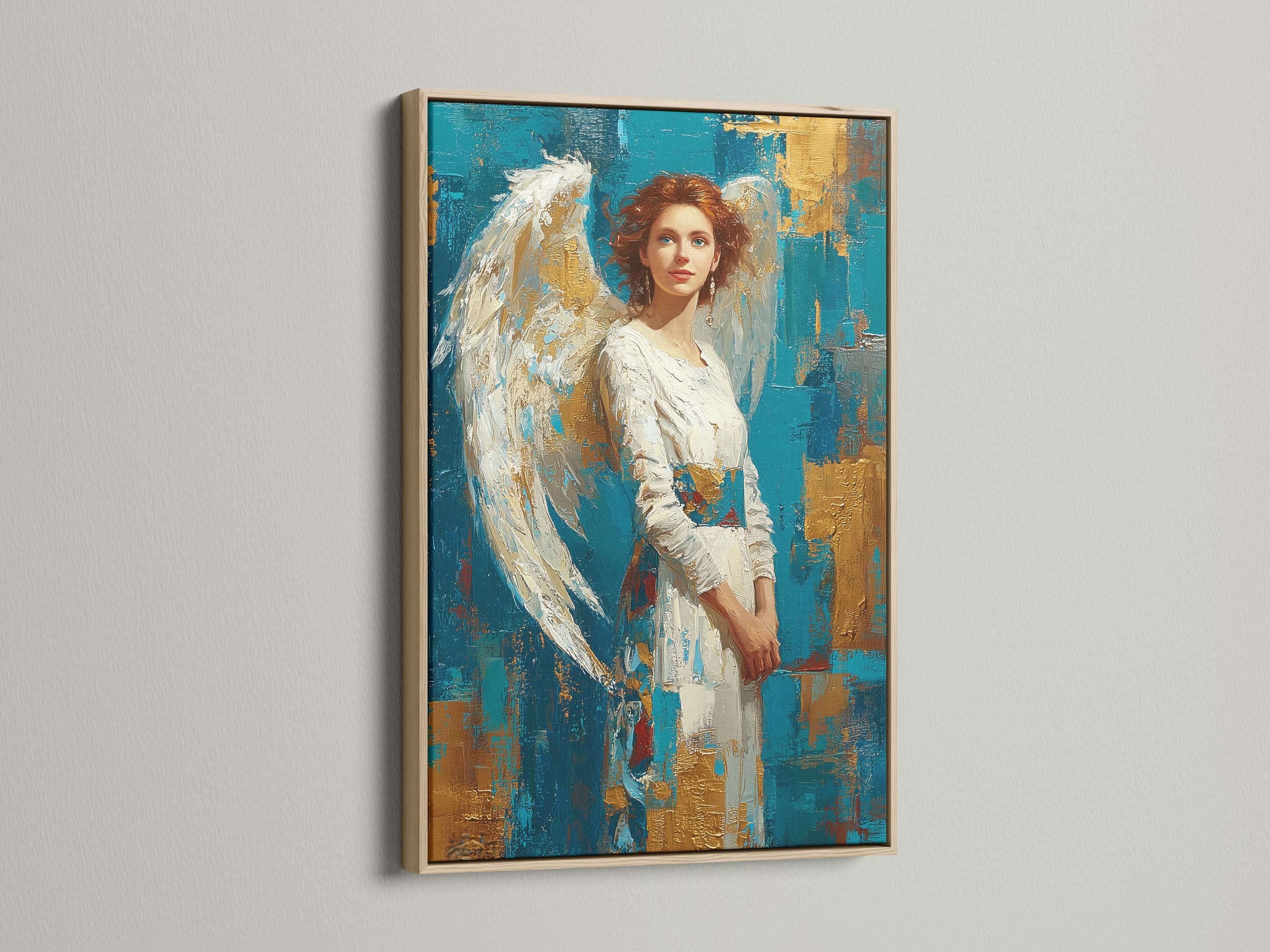 A teal and gold portrait of a woman with white angel wings, rendered in a painterly style with textured, gold-flecked background blocks detail view