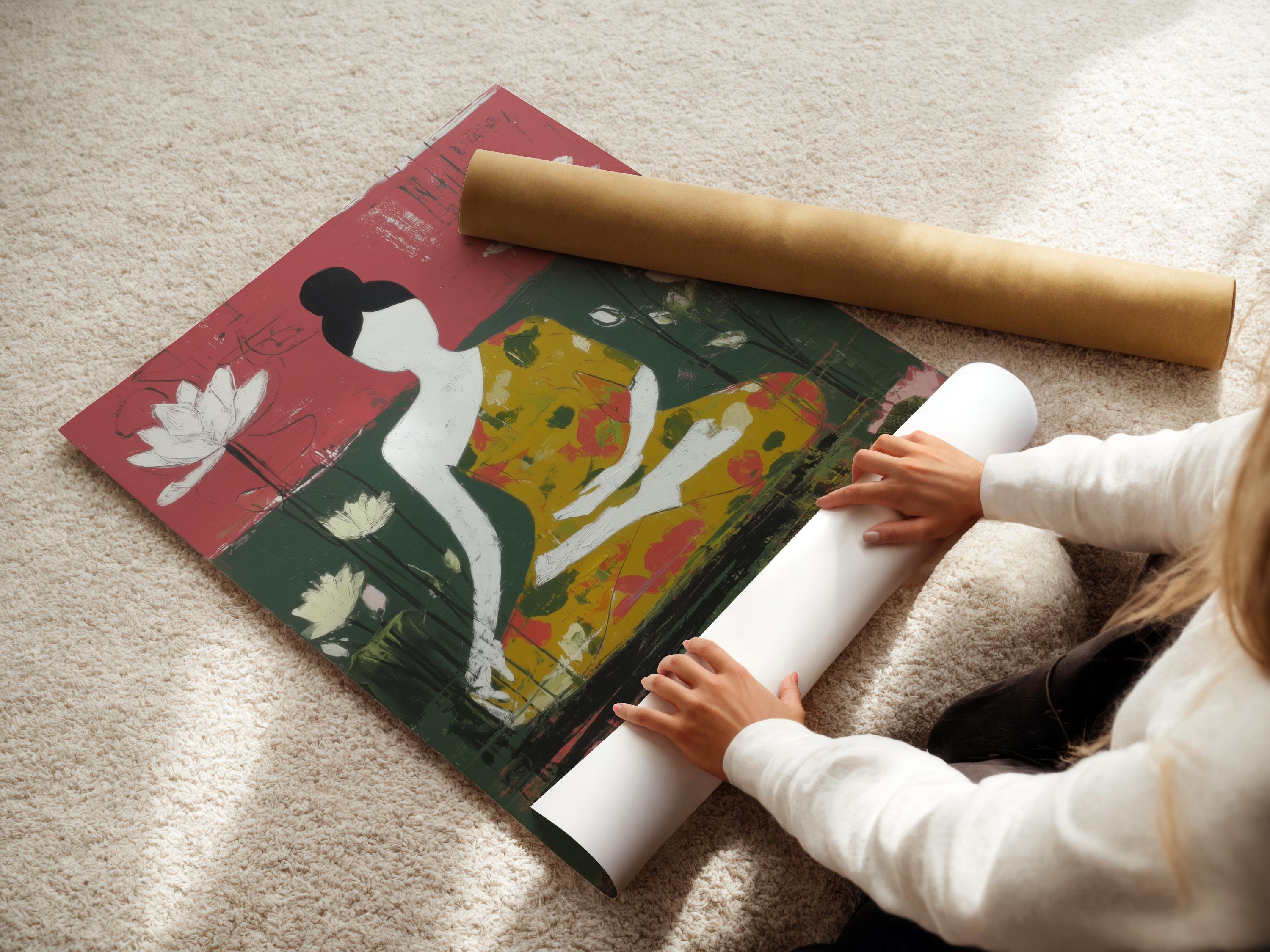 Stylised seated figure surrounded by white lotus flowers with rose pink and green textured background detail view