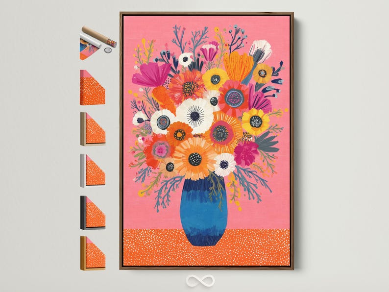 Floral bouquet painting with flowers in a blue vase on a pink background