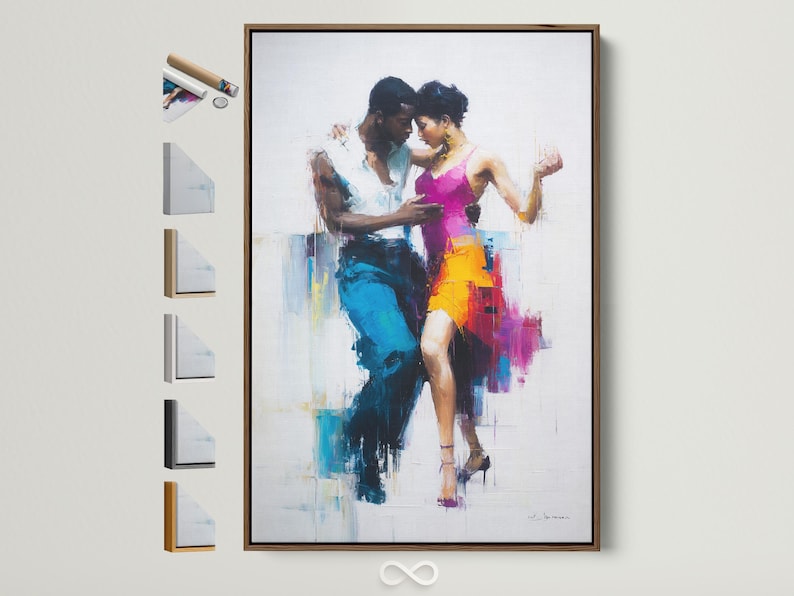 Abstract painterly dancing couple in hot pink and blue tones on a light background