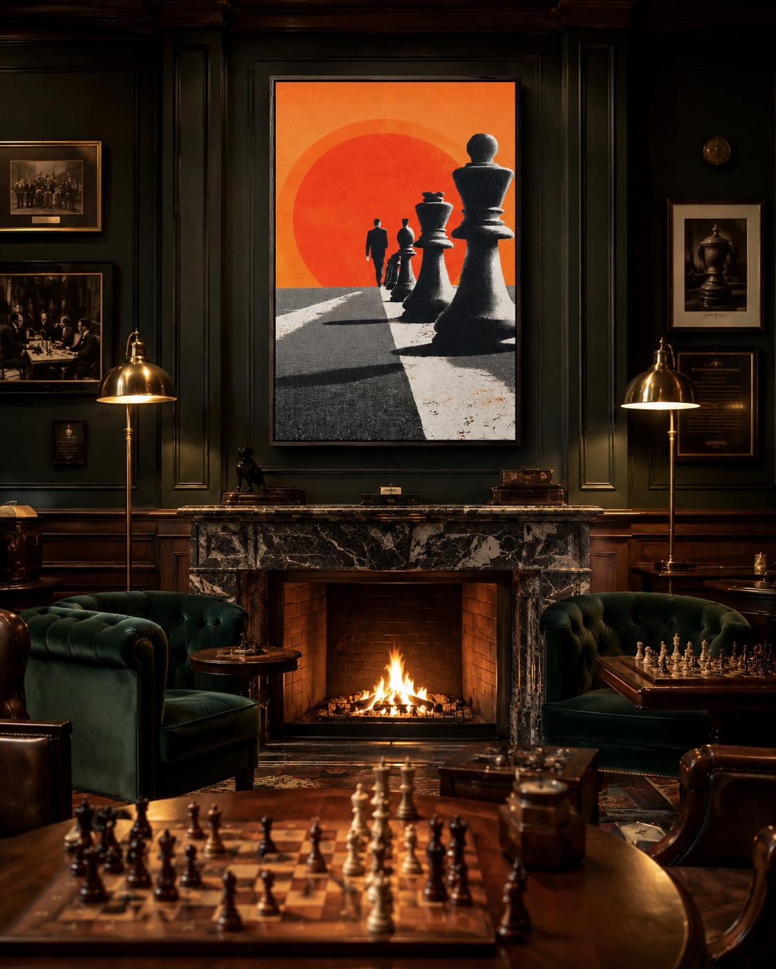 Chess wall art in an office or lounge setting with warm lighting