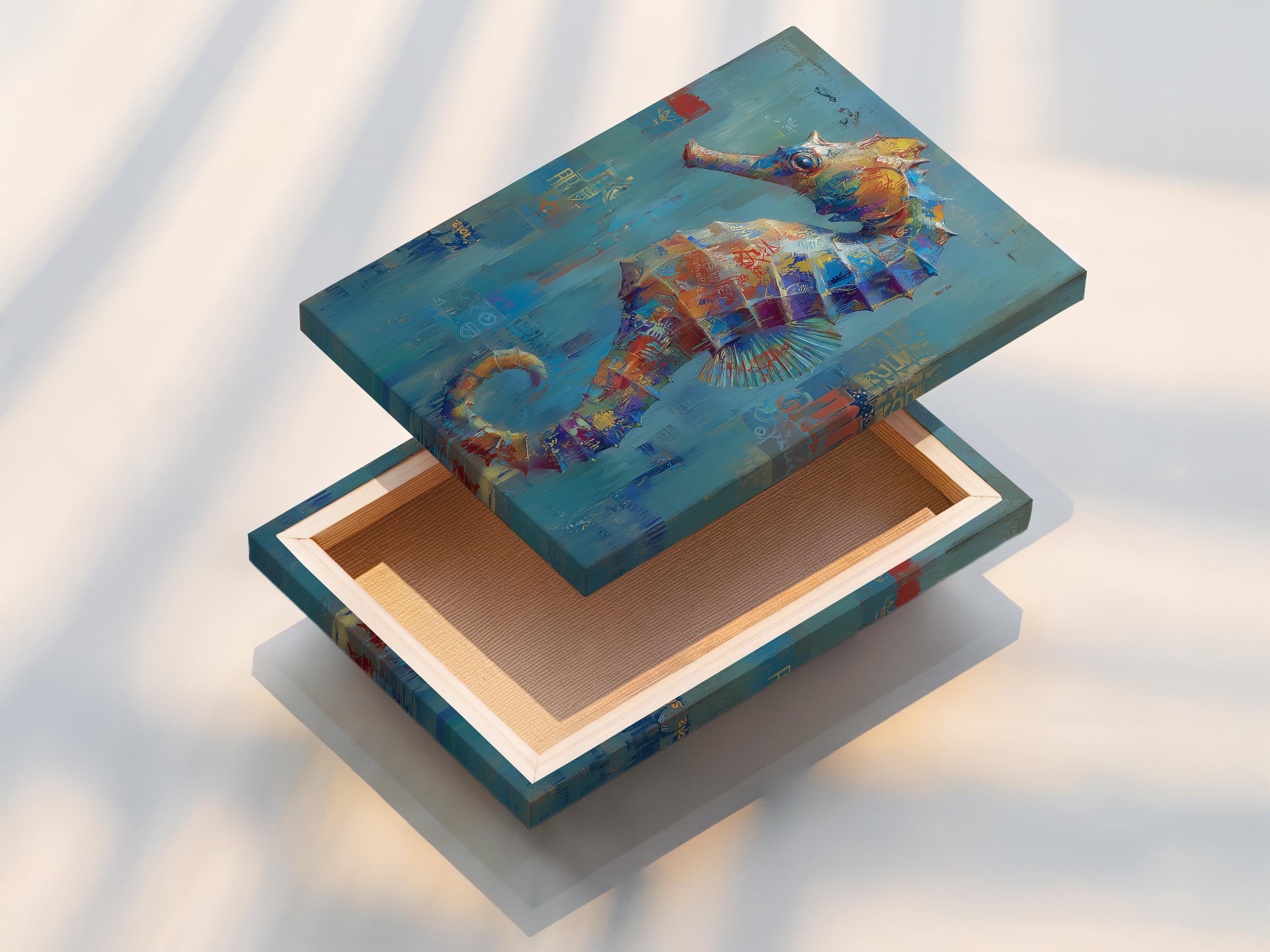 Wall mockup showing a framed abstract seahorse-like artwork with teal and coral accents