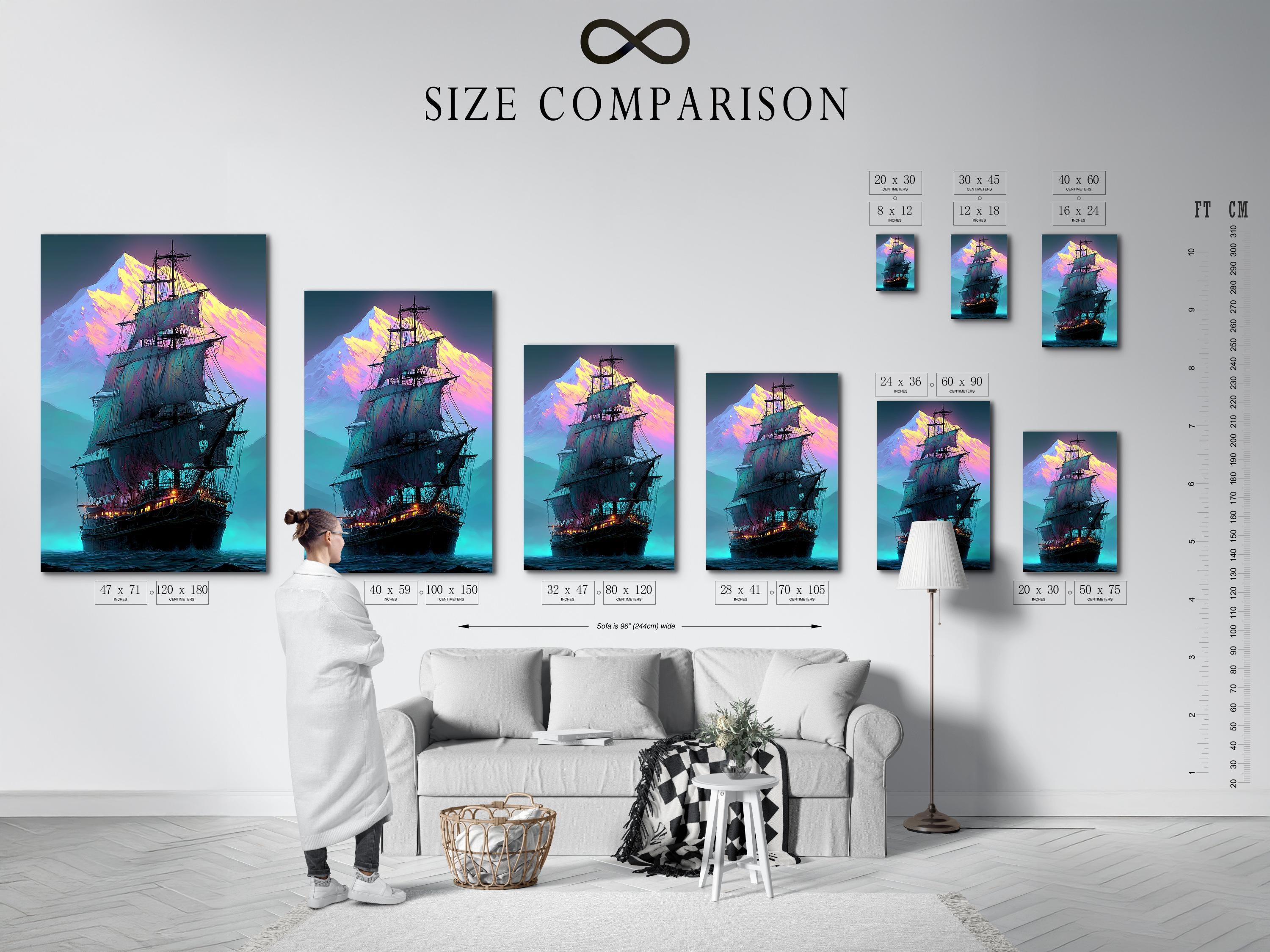Neon-coloured sailing ship with teal ocean waves and glowing purple mountains detail view