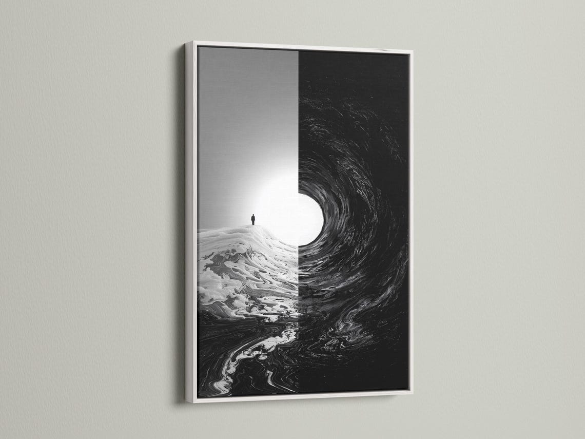 Room mockup showing monochrome framed artwork with a small standing figure and swirling black area