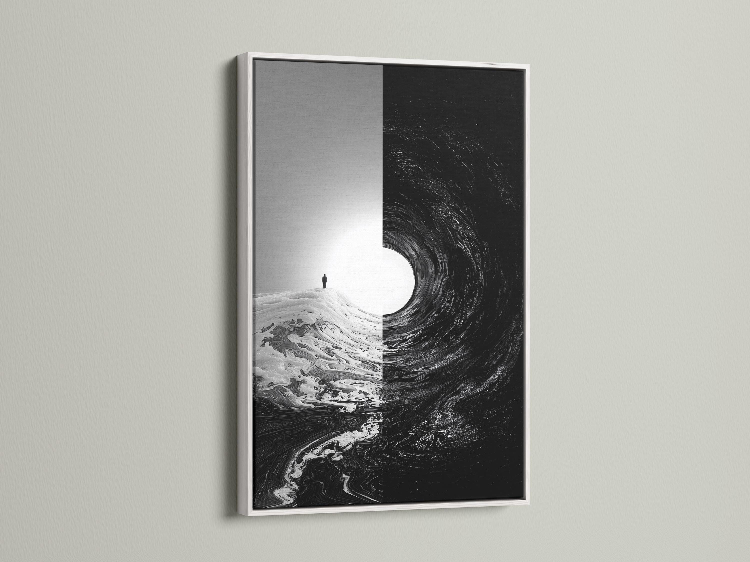 Room mockup showing monochrome framed artwork with a small standing figure and swirling black area