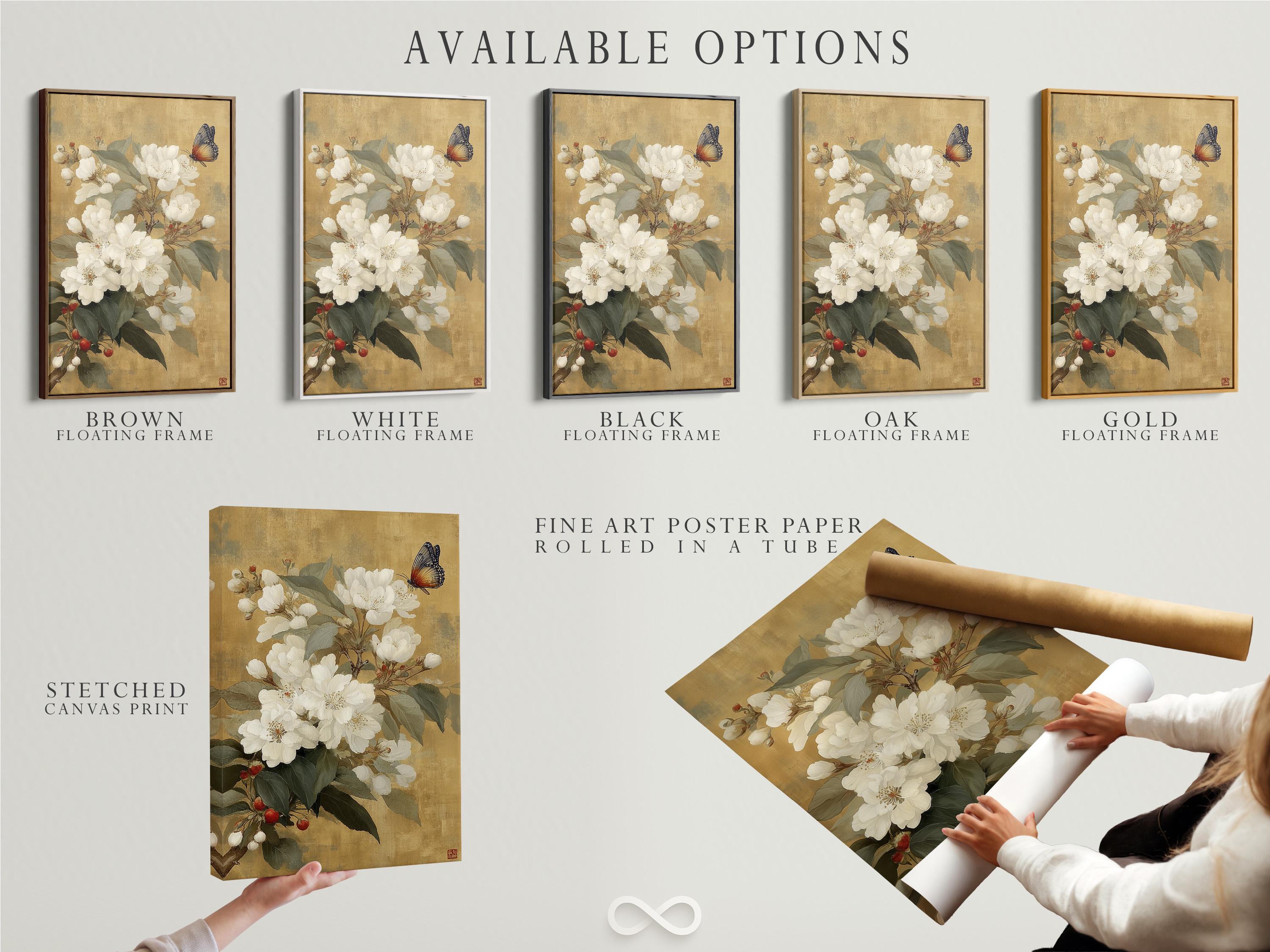 White blossom flowers with green leaves and a butterfly on a warm beige background detail view