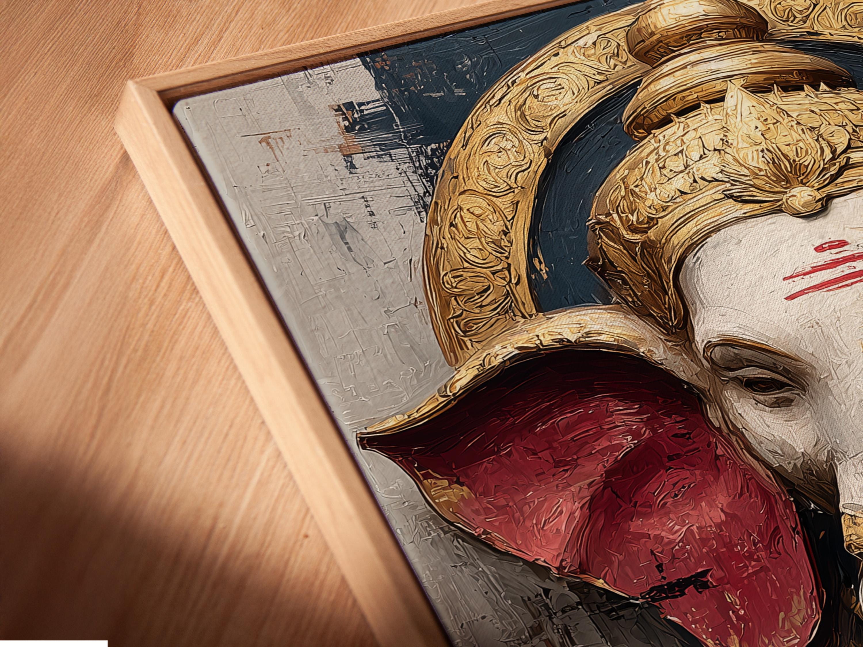Stylised elephant-headed deity figure with gold crown and red wing-like shapes on a textured charcoal background detail view