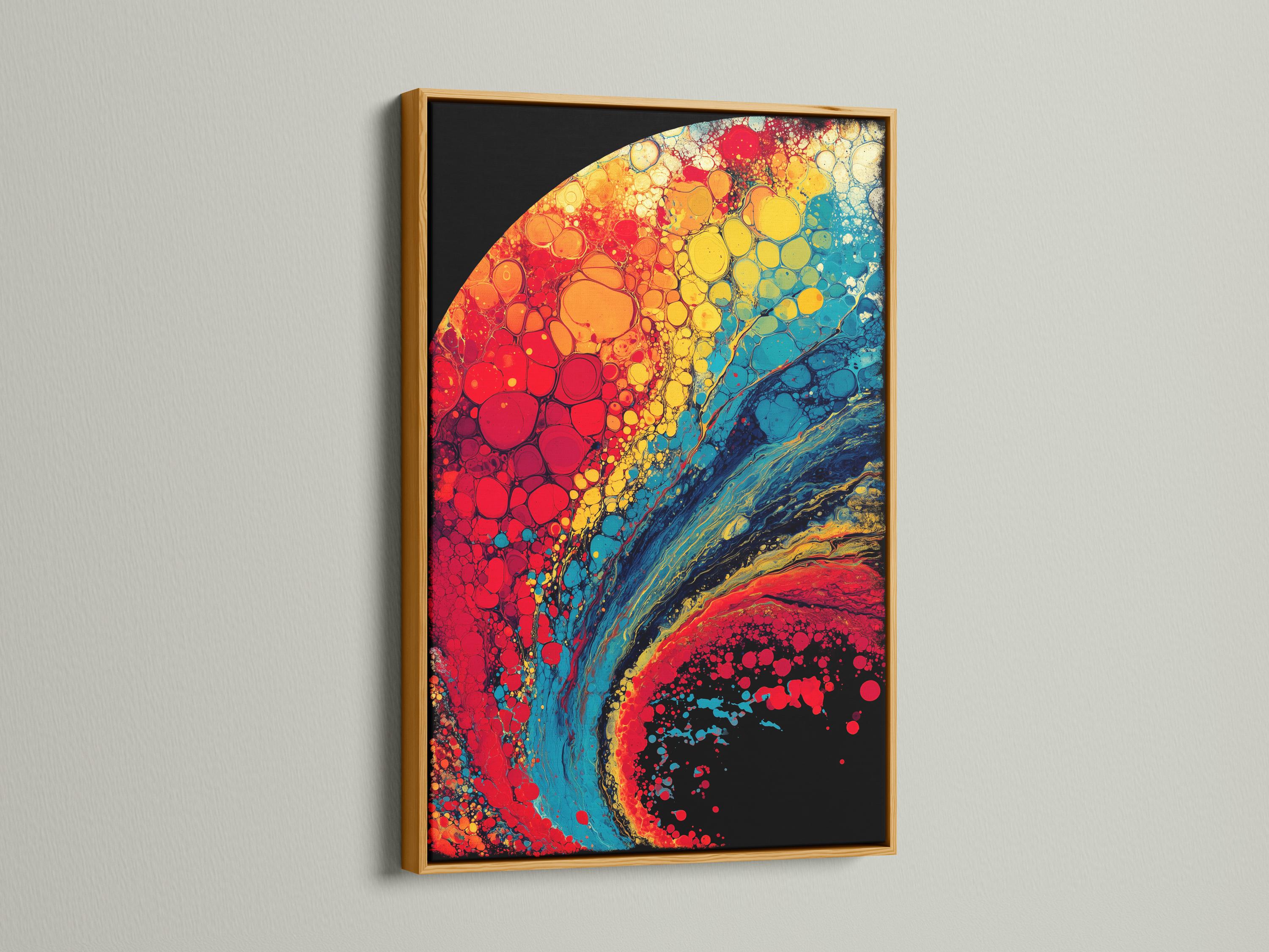Abstract bubble artwork with red, yellow, aqua teal and dark black curved shapes detail view
